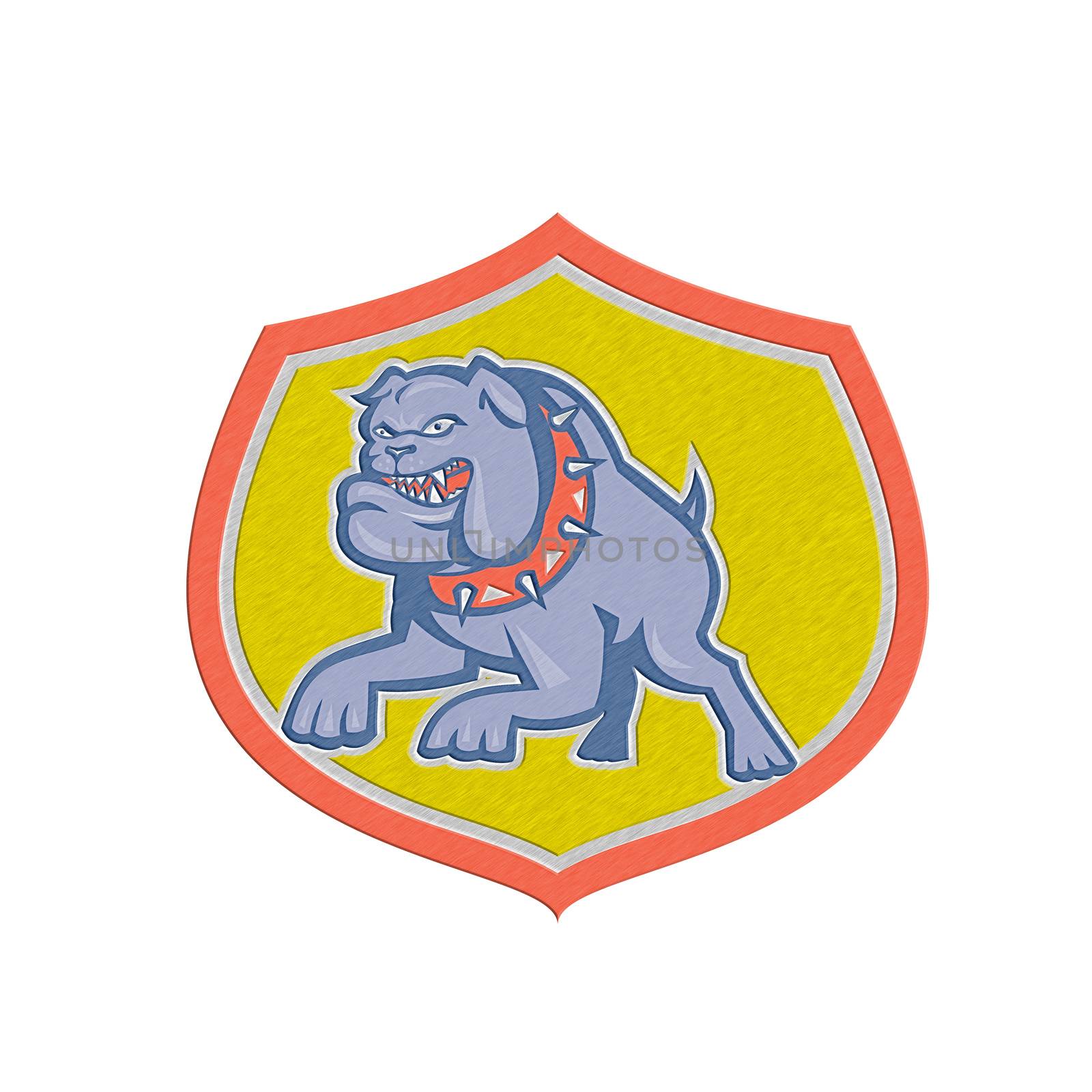 Metallic styled illustration of an bulldog dog mongrel attacking set inside shield crest done in retro style on isolated background. 
