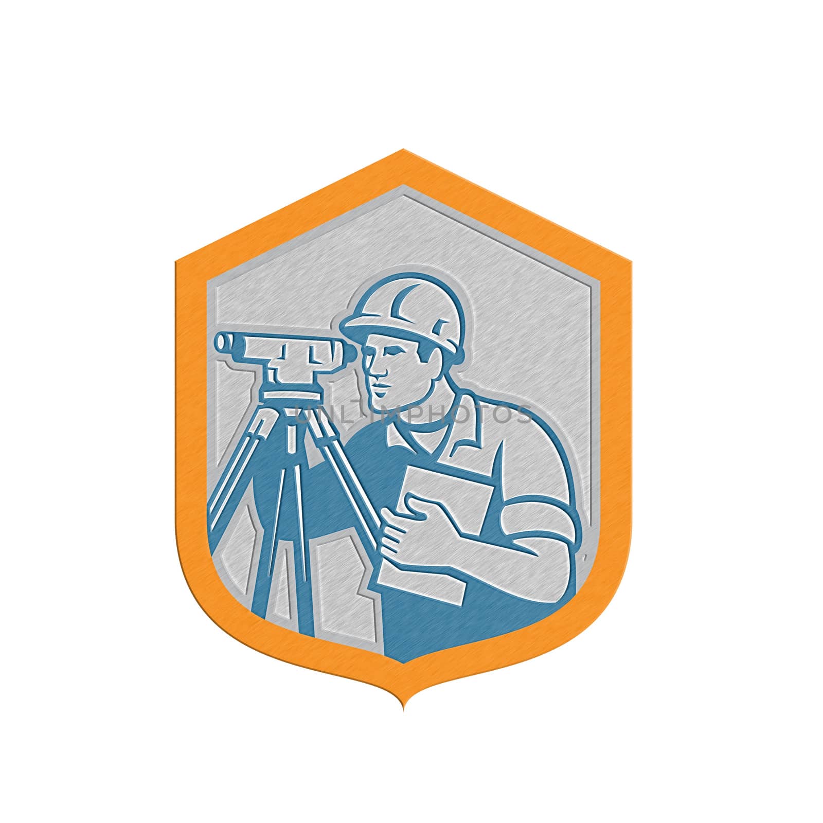 Metallic styled illustration of a surveyor geodetic engineer with theodolite instrument surveying viewed from side set inside shield crest done in retro style on isolated white background.