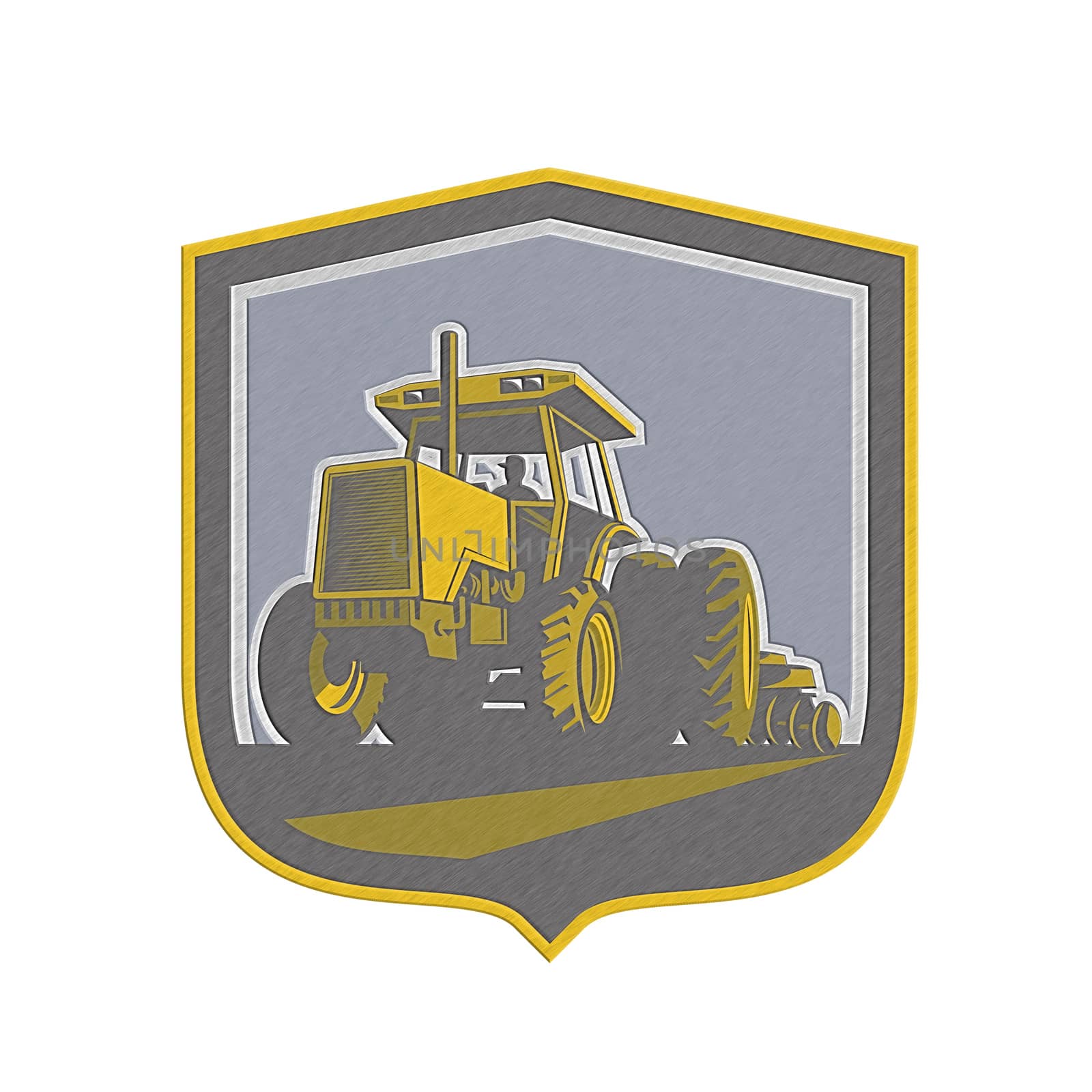 Metallic styled illustration of a farmer driving riding vintage tractor plowing field front view set inside a shield crest done in retro style.