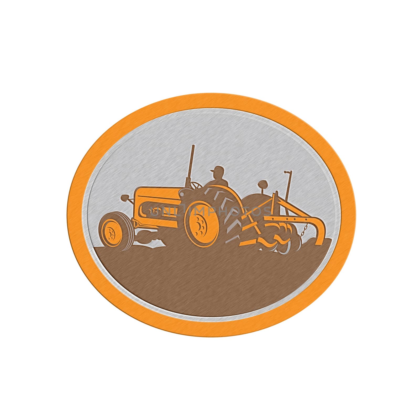 Metallic styled illustration of a vintage tractor with farmer driver plowing field sideview set inside an oval done in retro style on isolated background. 