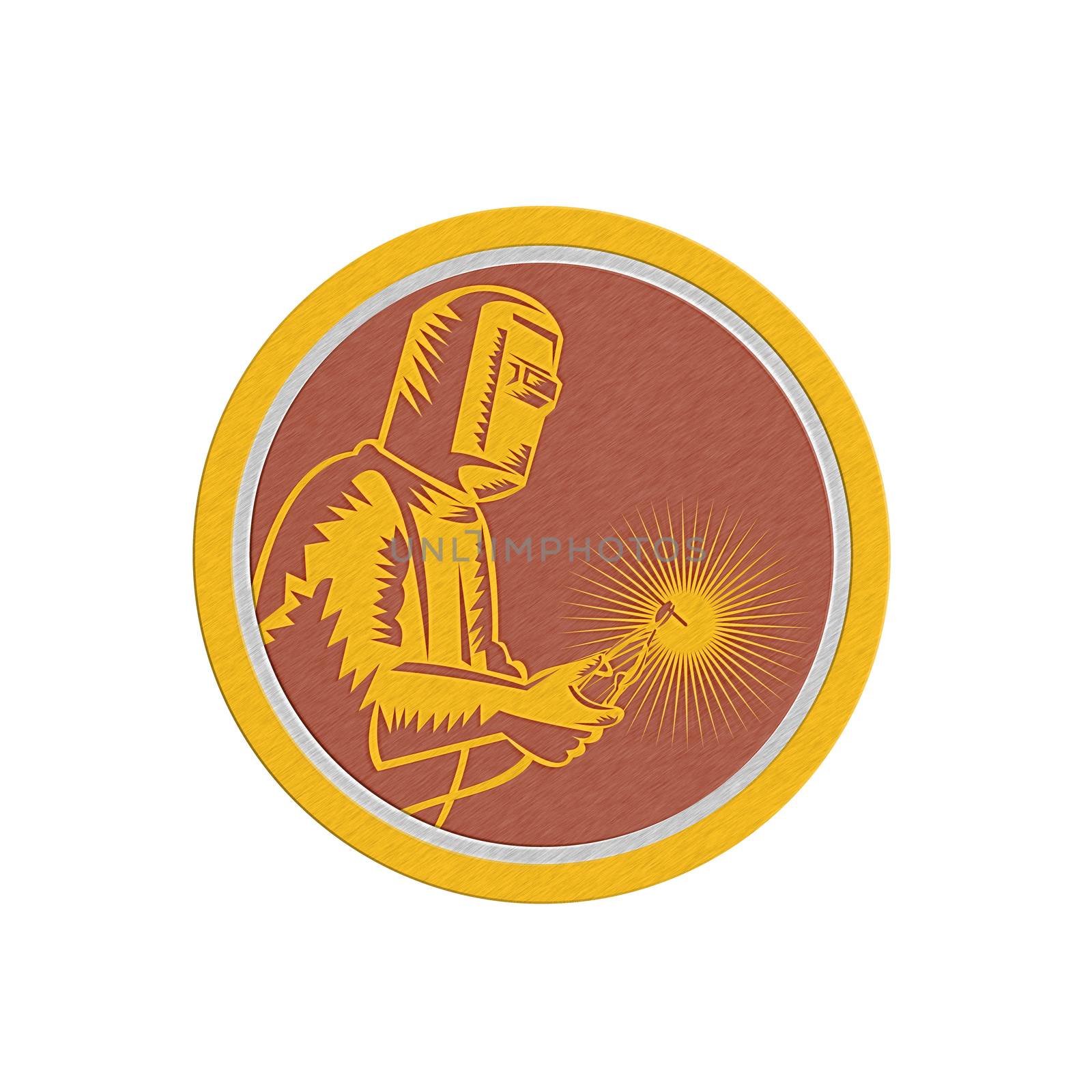 Metallic styled illustration of welder worker working holding welding torch side view set inside circle on isolated background done in retro style.
