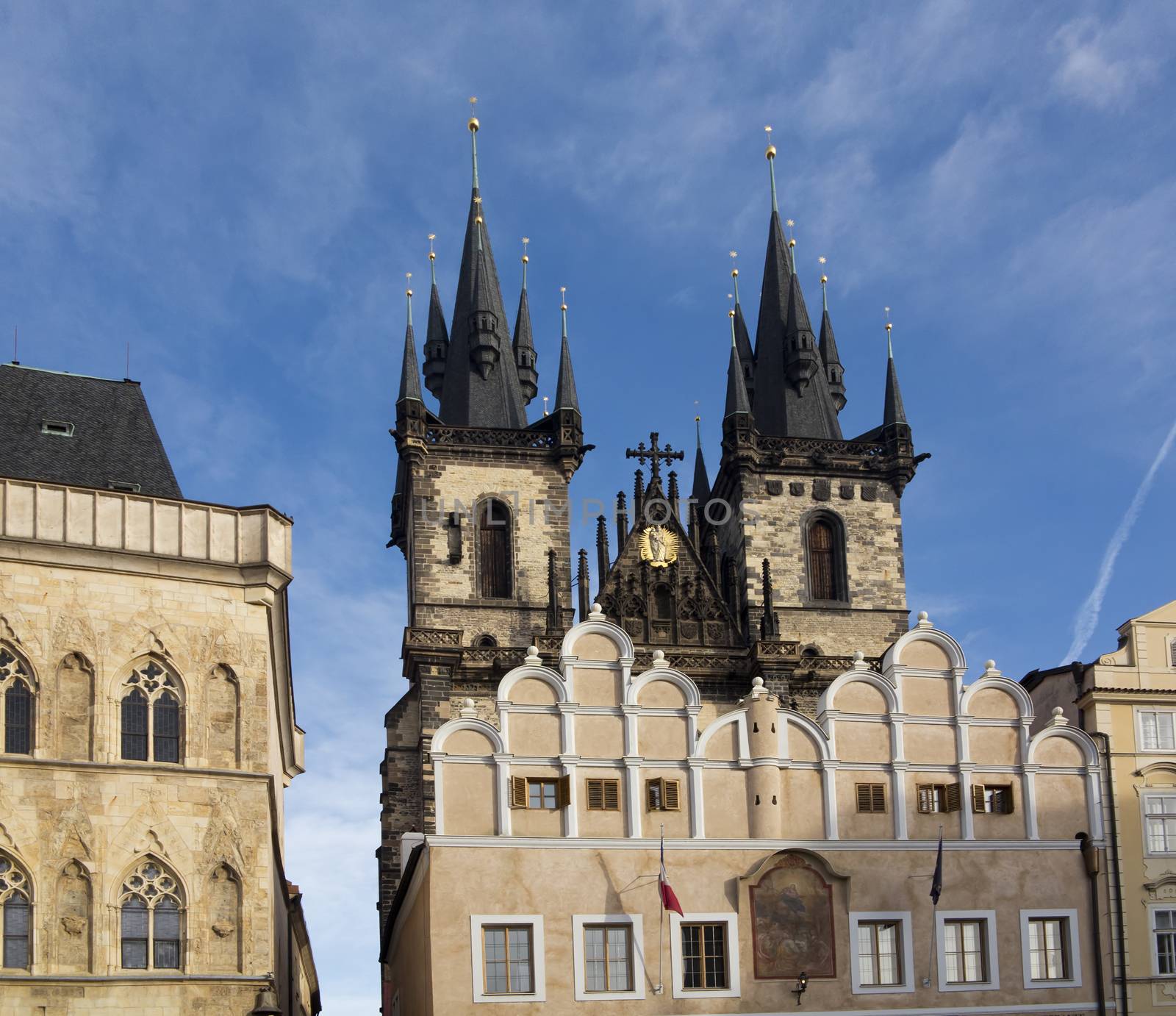 The Church of Our Lady before Tyn (in Czech Kostel Matky Bozi pred Tynem, also Tynsky chram (Tyn Church) or just Tyn) is a dominant feature of the Old Town of Prague, Czech Republic, and has been the main church of this part of the city since the 14th century. The church towers are 80 m high and topped by four small spires.
Prague, Czech republic, Europe.

