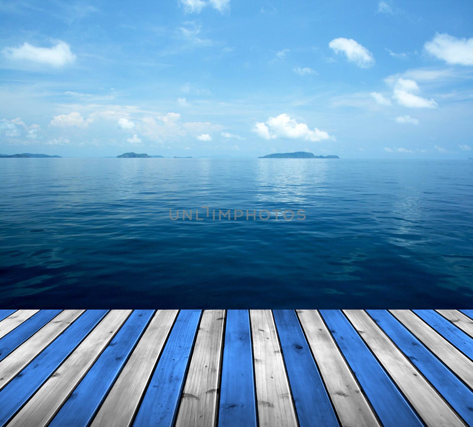 Ocean with sky and wood floor by liewluck