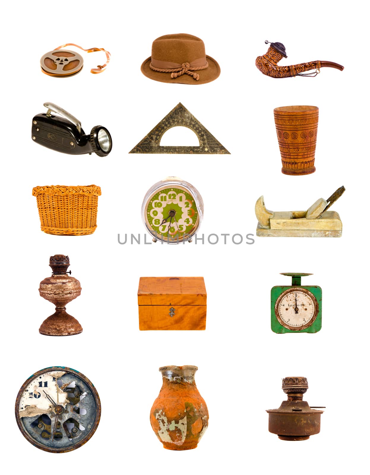 various antique tools and objects assorted collection isolated on white