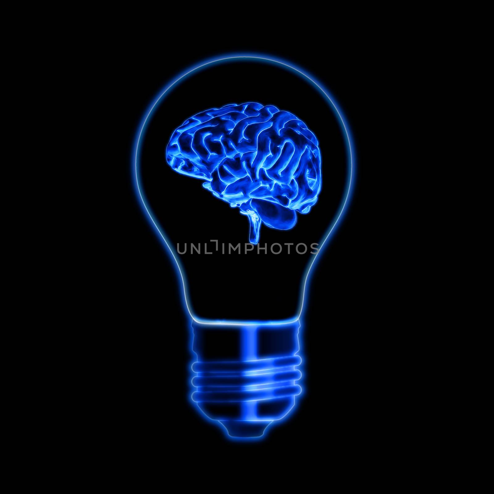 light bulb sign with brain over black background by marinini