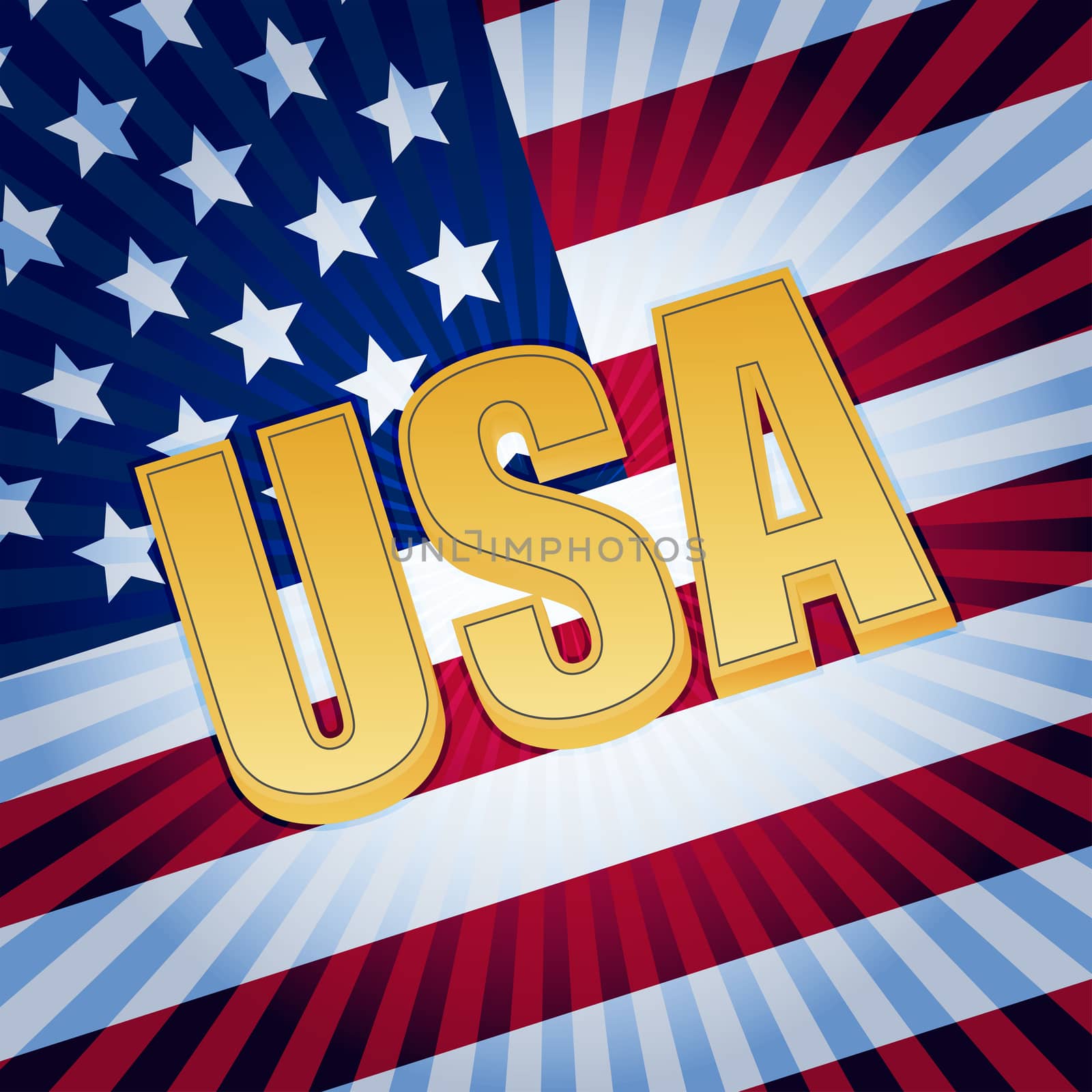 USA - 3d golden text with shining american flag, usa independence concept