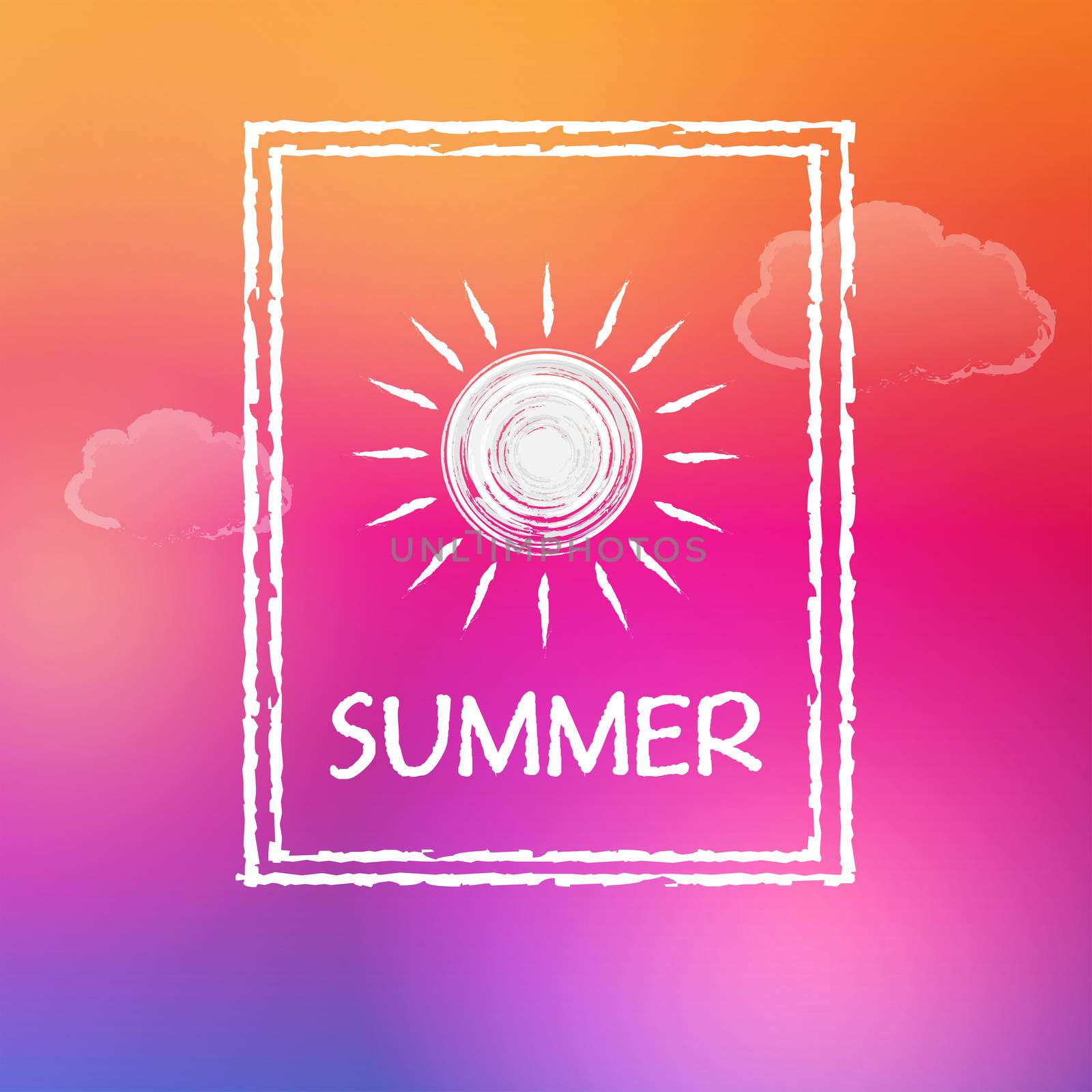 text summer with white sun and clouds in frame over orange pink sky background, flat design label