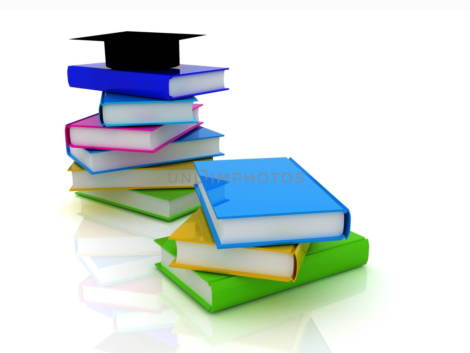 Graduation hat with books on a white background