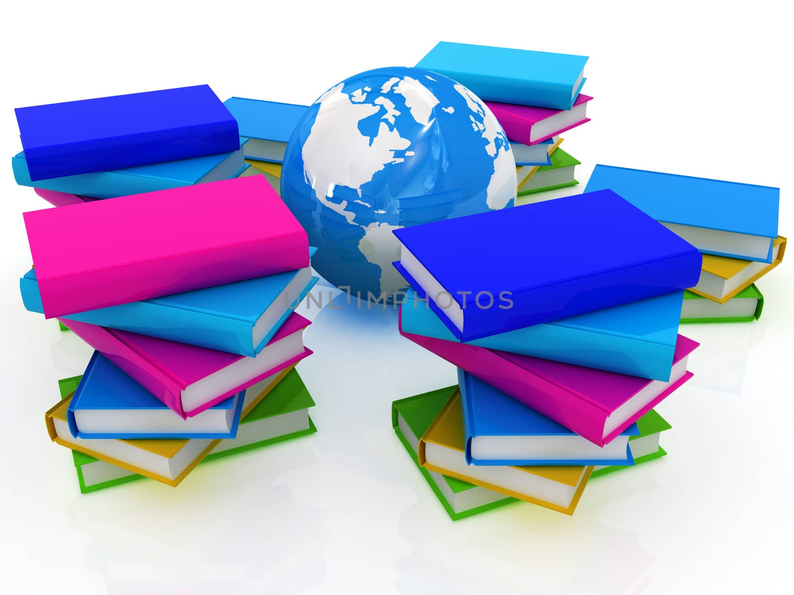 Colorful books and earth on a white background