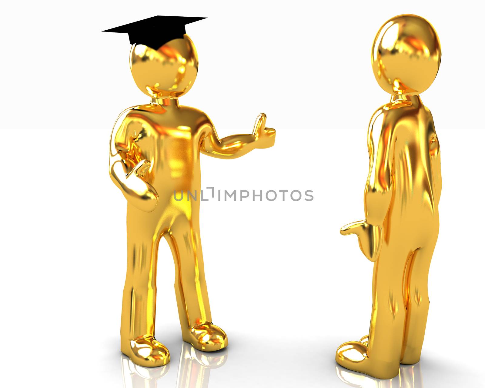 Golden 3D mans in a grad hat and a man on a white background 