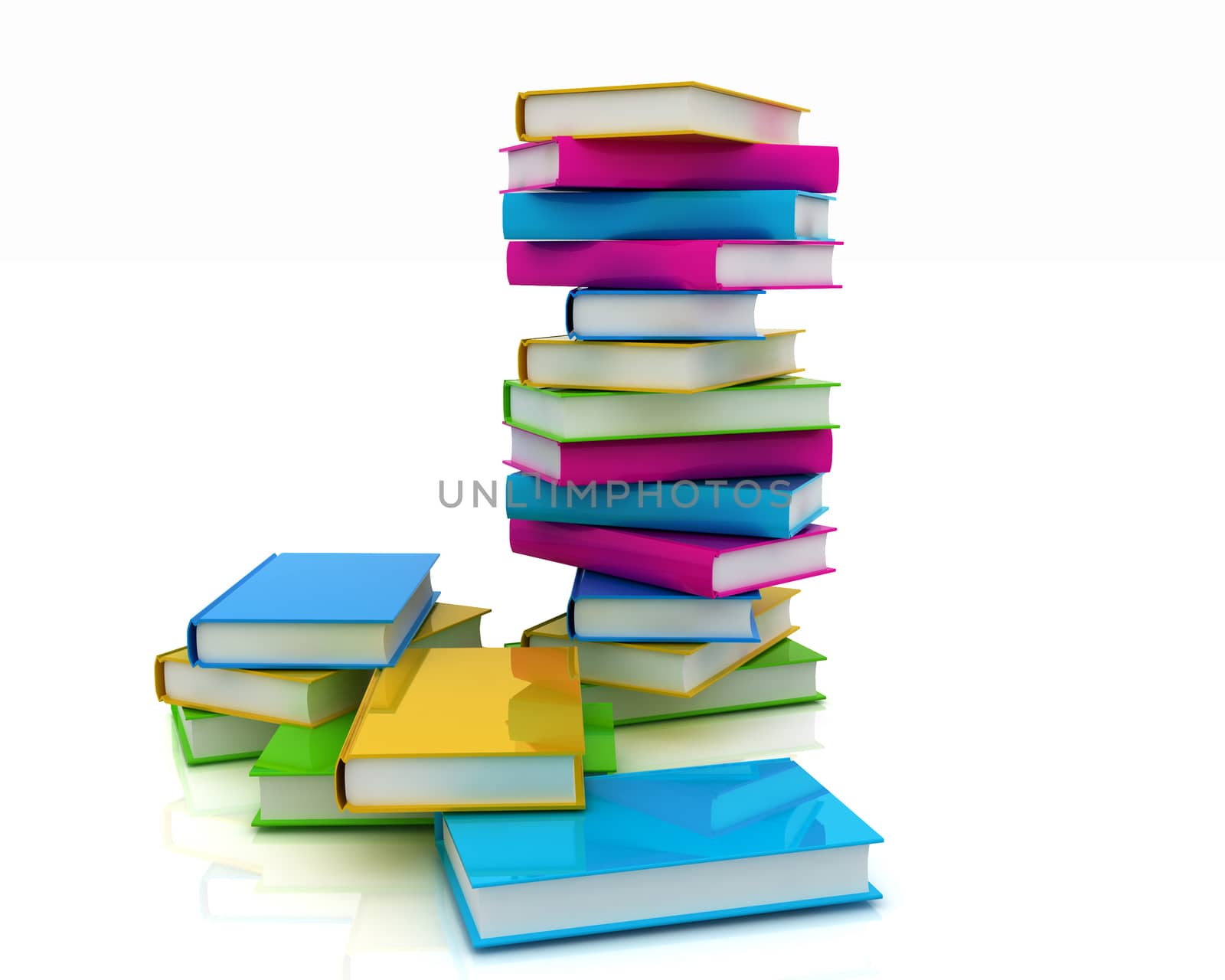 Colorful real books on white background 