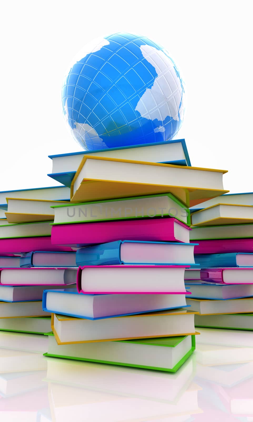 Colorful books and earth on a white background