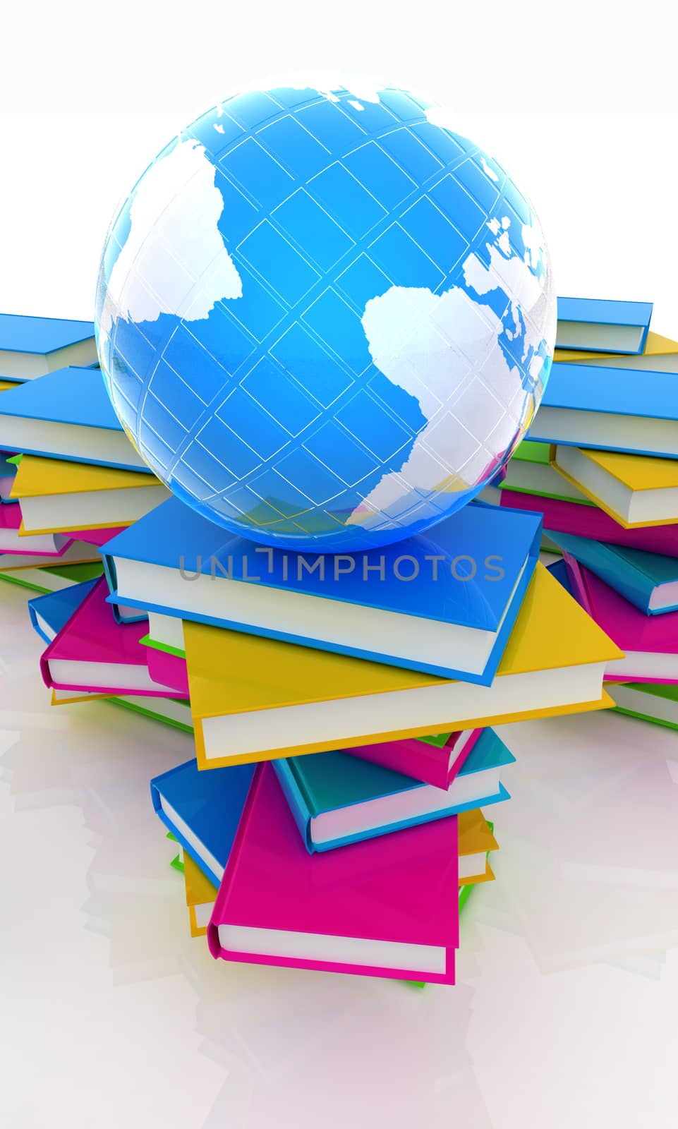 Colorful books and earth on a white background