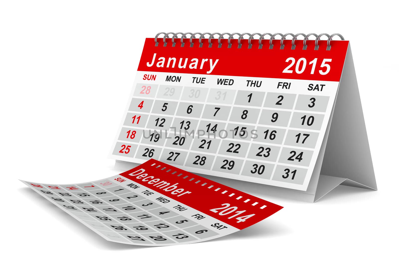 2015 year calendar. January. Isolated 3D image