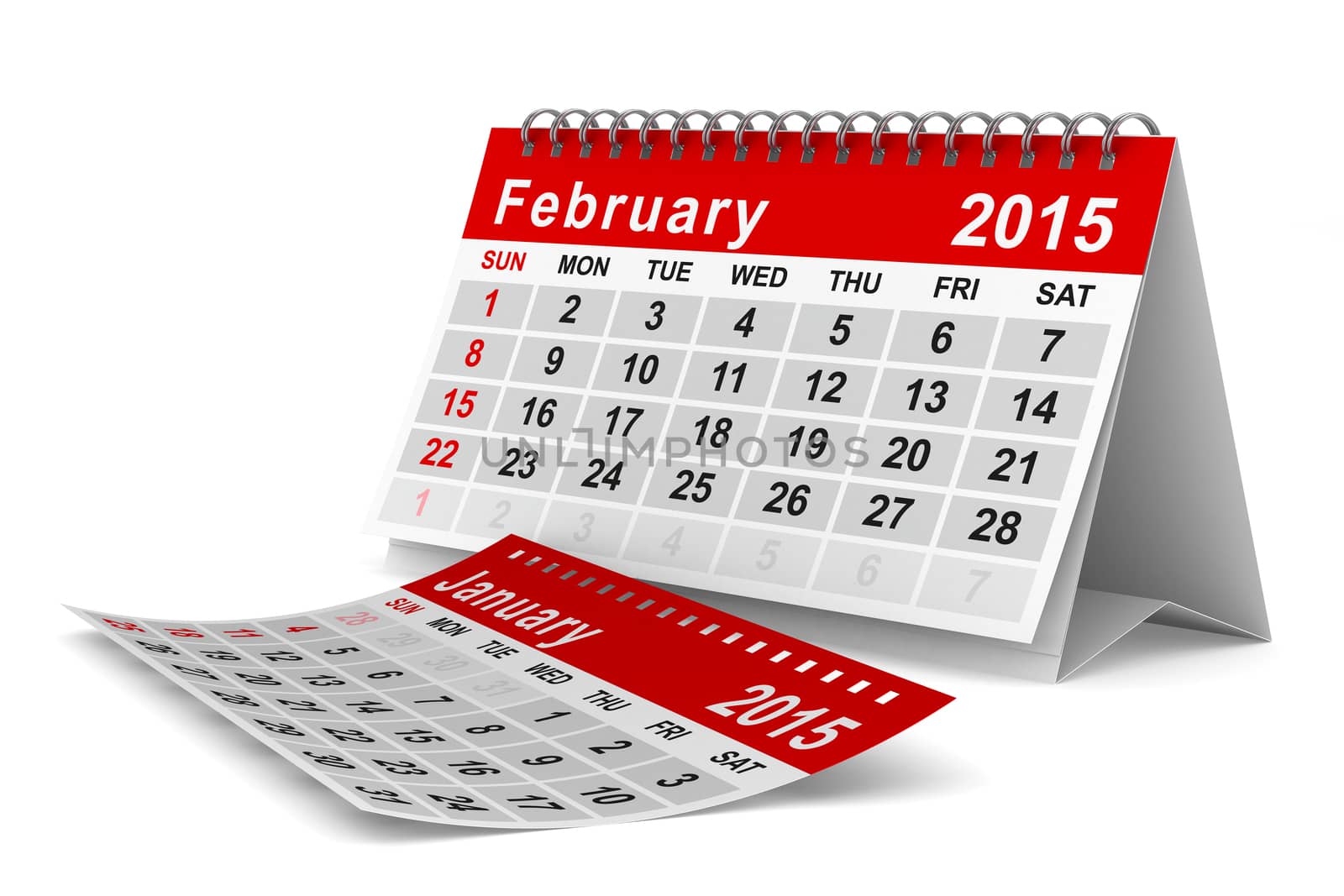 2015 year calendar. February. Isolated 3D image