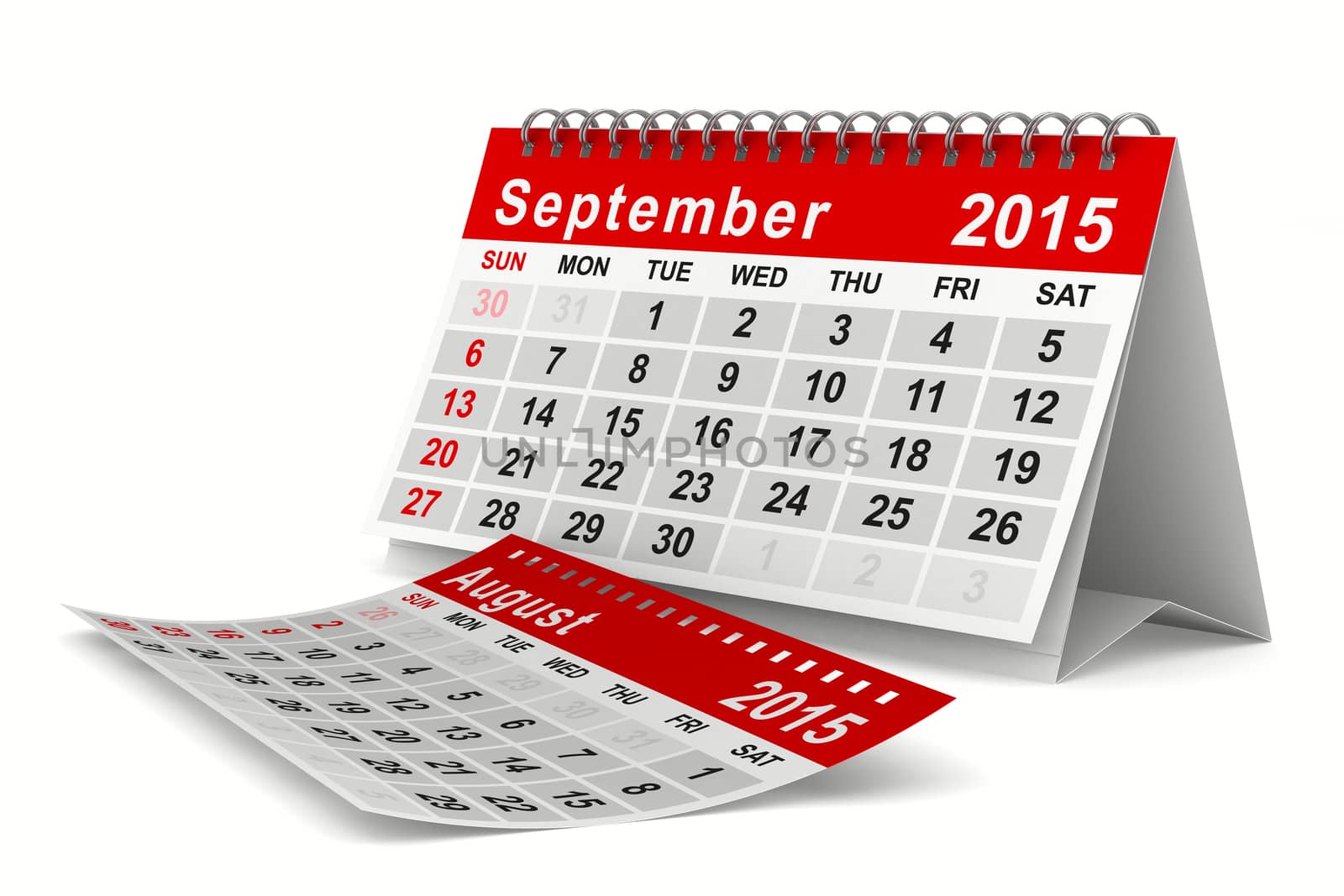 2015 year calendar. September. Isolated 3D image