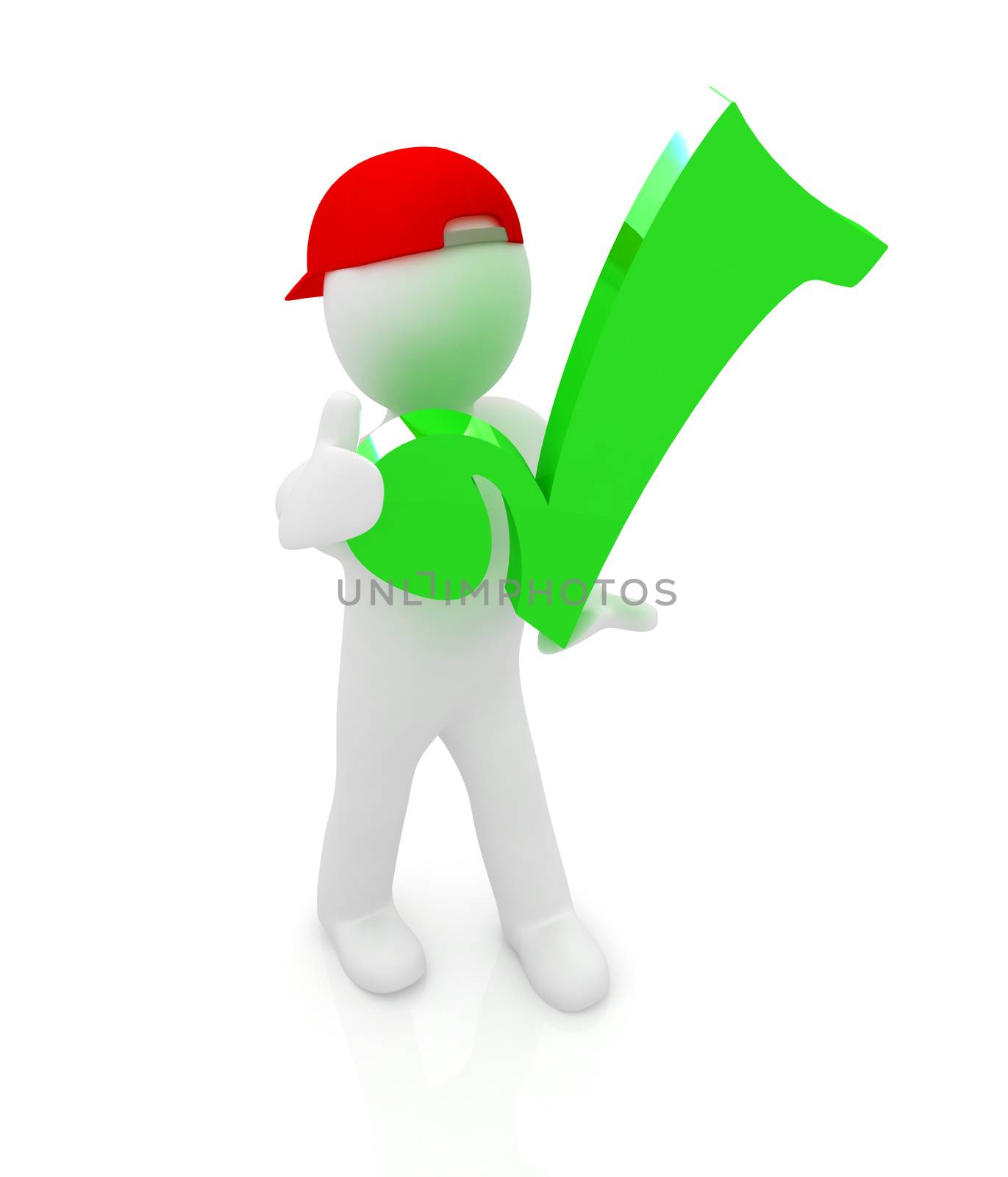 3d man in a red peaked cap with thumb up and a huge tick on a white background