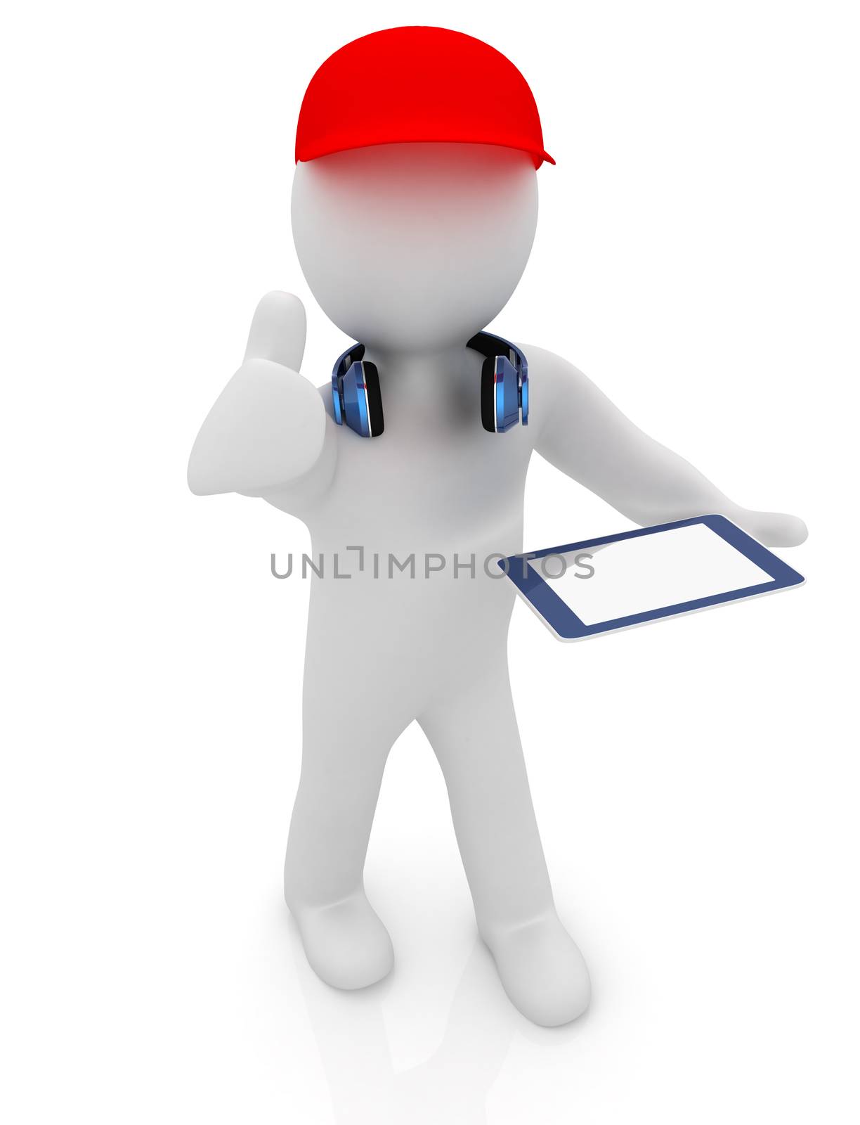 3d white man in a red peaked cap with thumb up, tablet pc and headphones on a white background