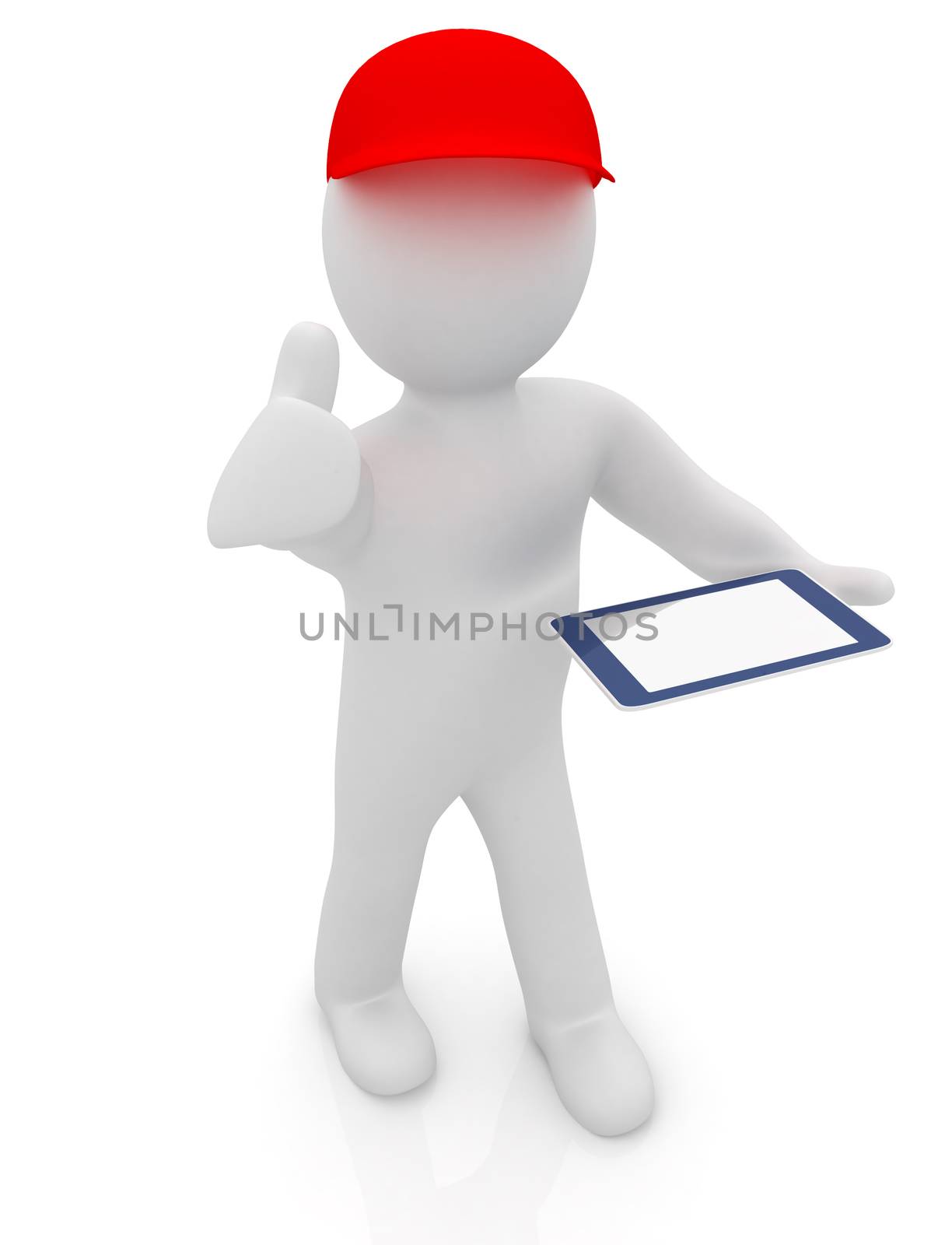 3d white man in a red peaked cap with thumb up and tablet pc on a white background