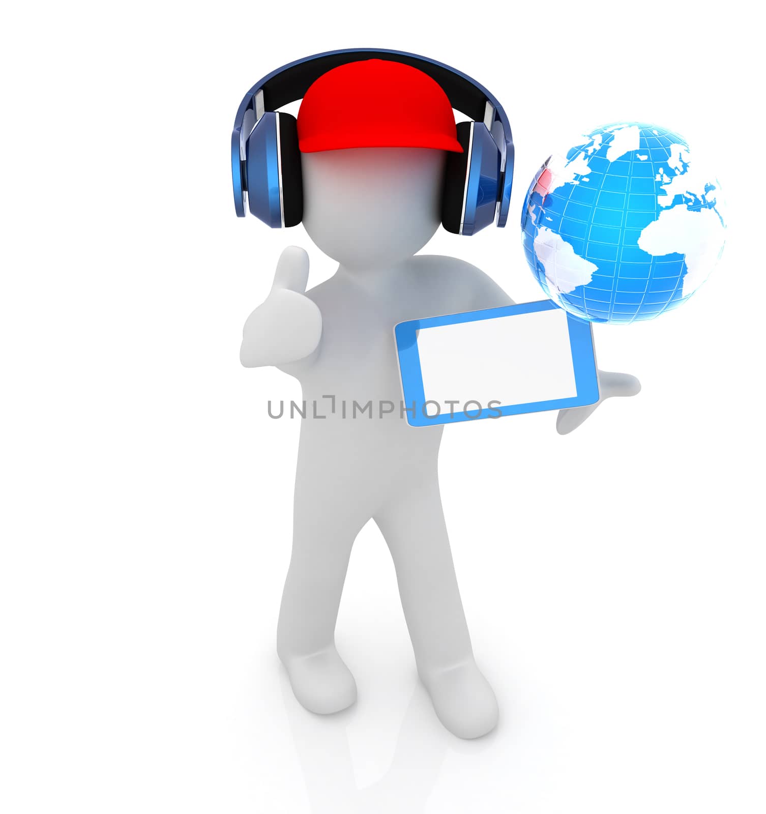 3d white man in a red peaked cap with thumb up, tablet pc and headphones. Global concept with blue earth 