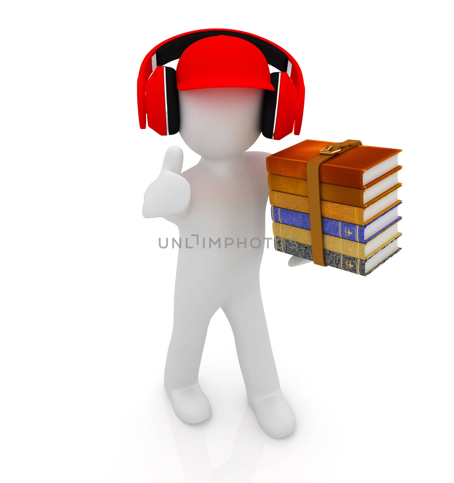 3d white man in a red peaked cap with thumb up, books and headphones on a white background