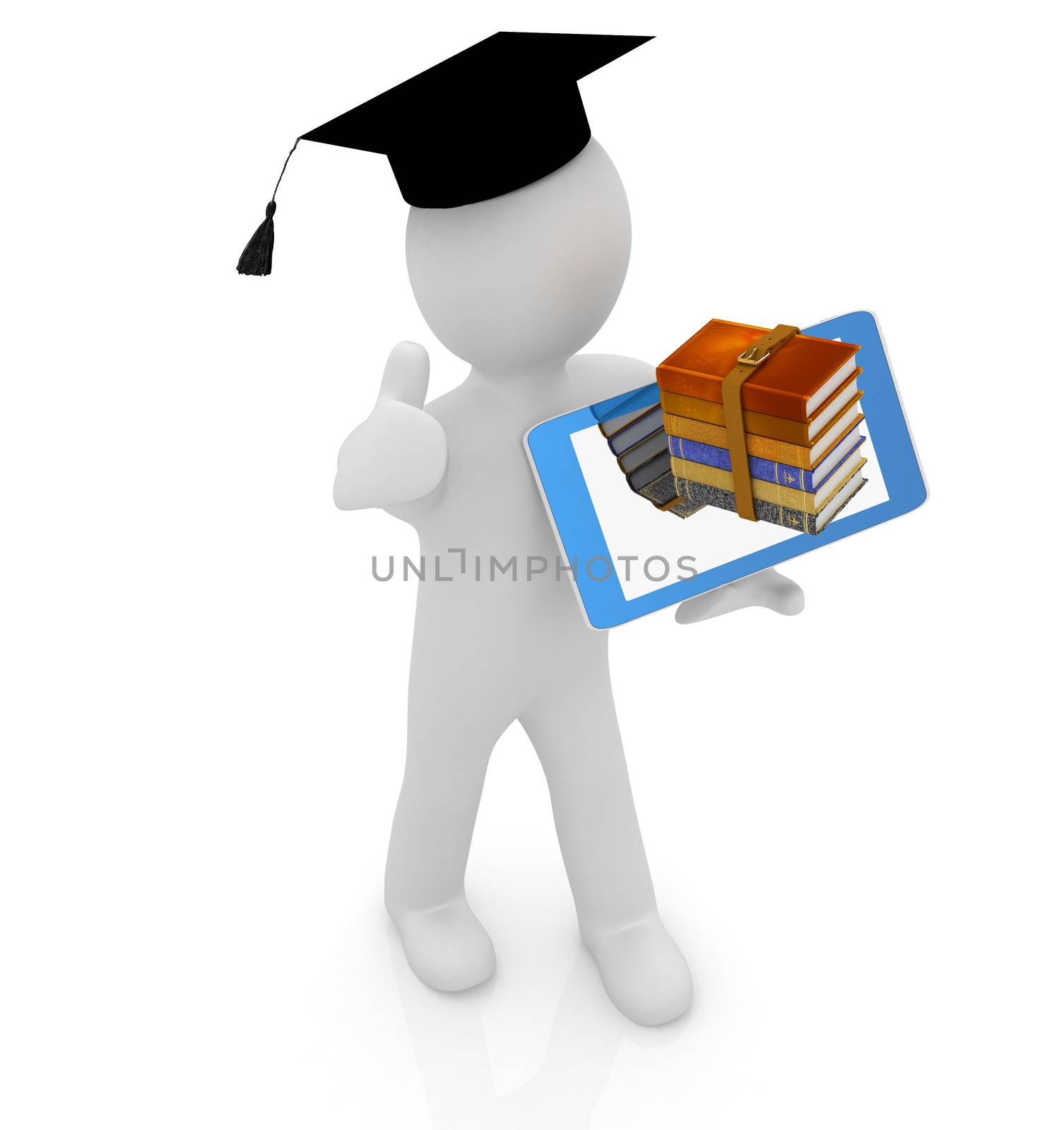 3d white man in a grad hat with thumb up,books and tablet pc - best gift a student on a white background