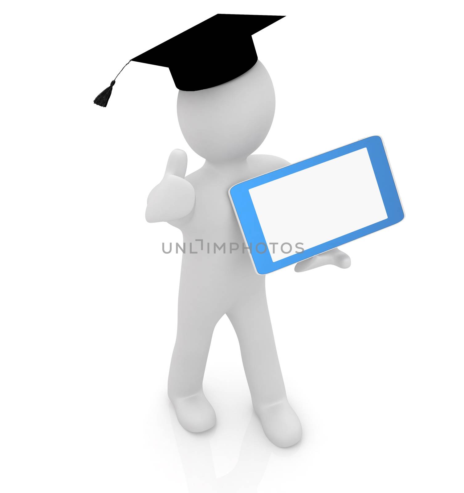 3d white man in a grad hat with thumb up and tablet pc - best gift a student on a white background