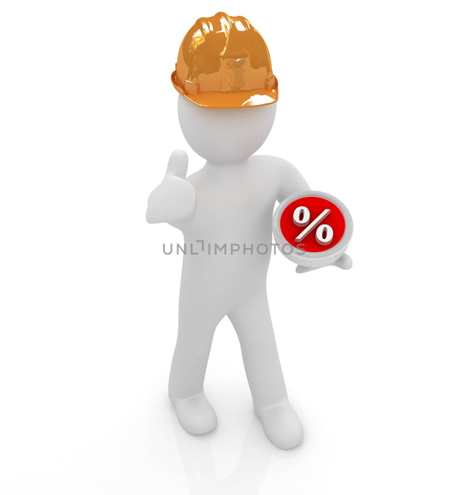 3d man in a hard hat with thumb up presents best percent on a white background