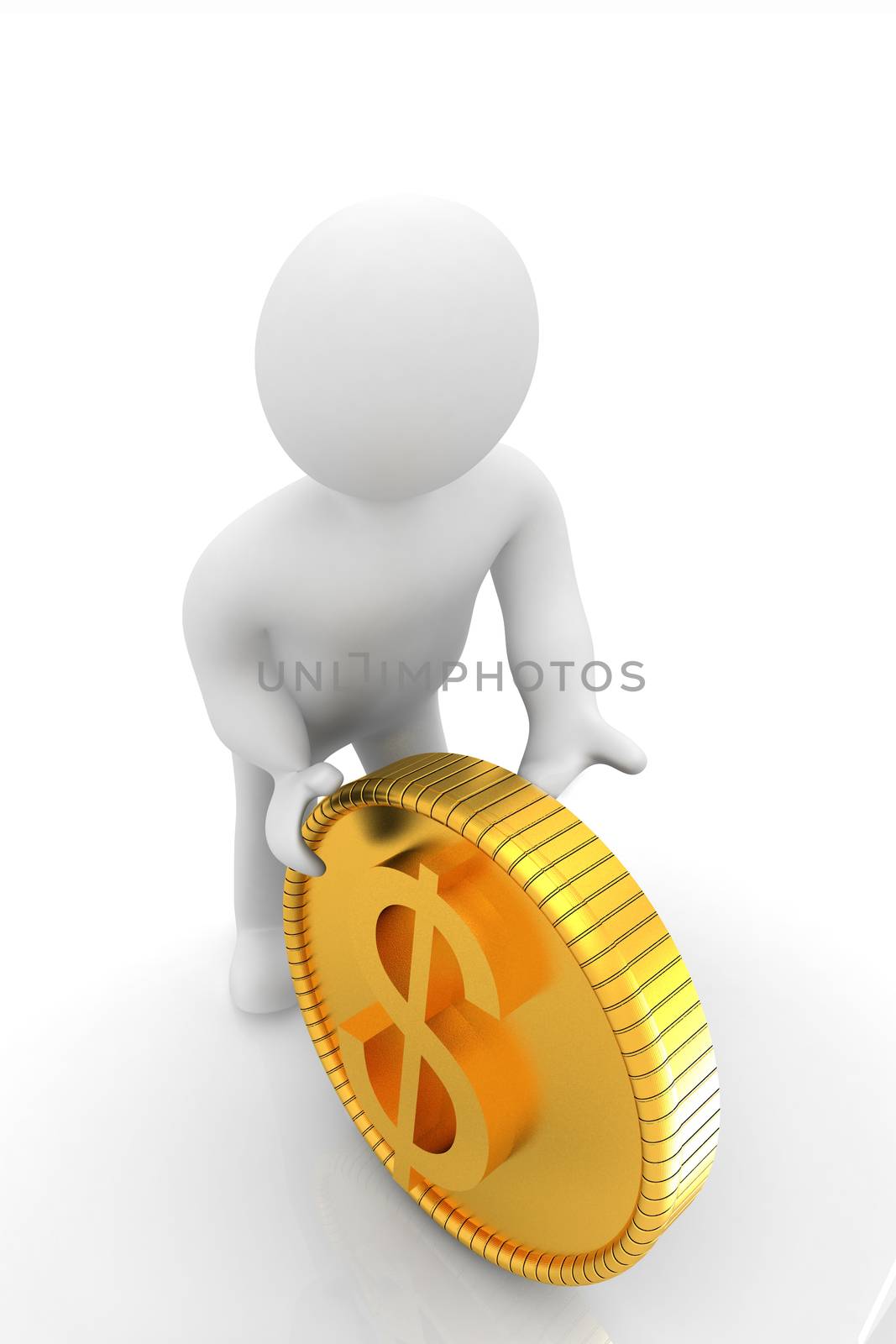 3d small man with gold dollar coin on a white background