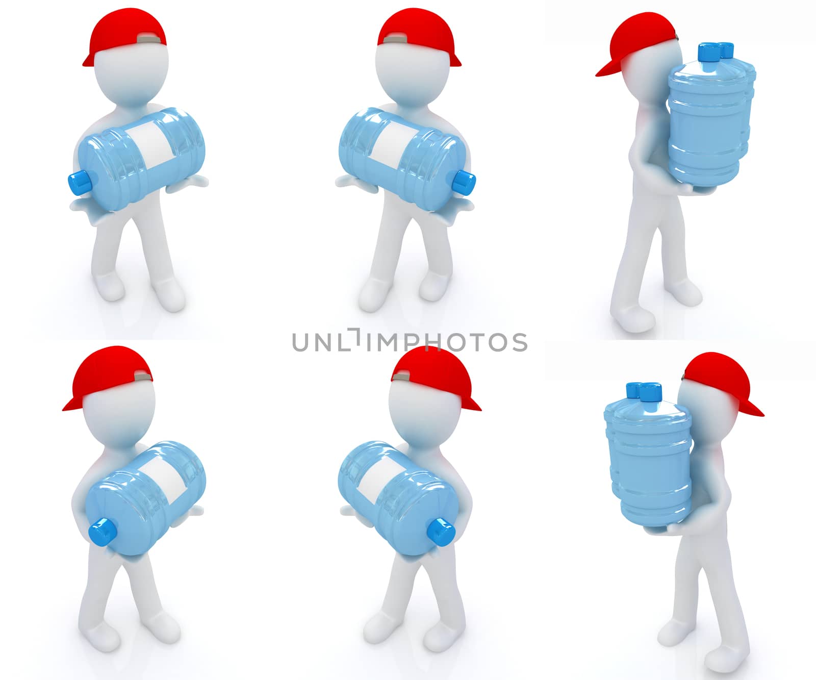 Set of 3d man carrying a water bottle with clean blue water on a white background