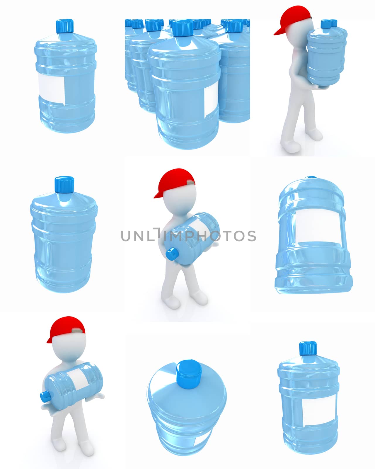 Set of 3d man carrying a water bottle with clean blue water  by Guru3D
