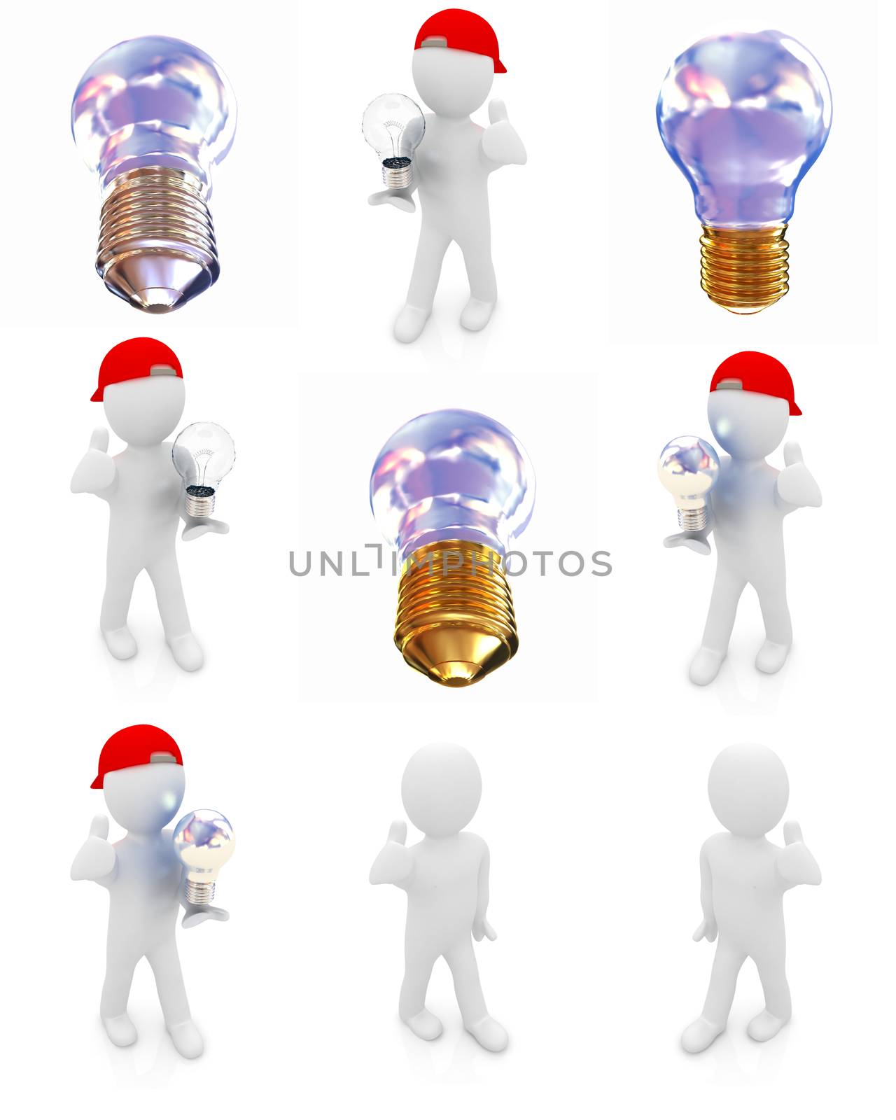 Set of 3d man with energy saving light bulb isolated on white 