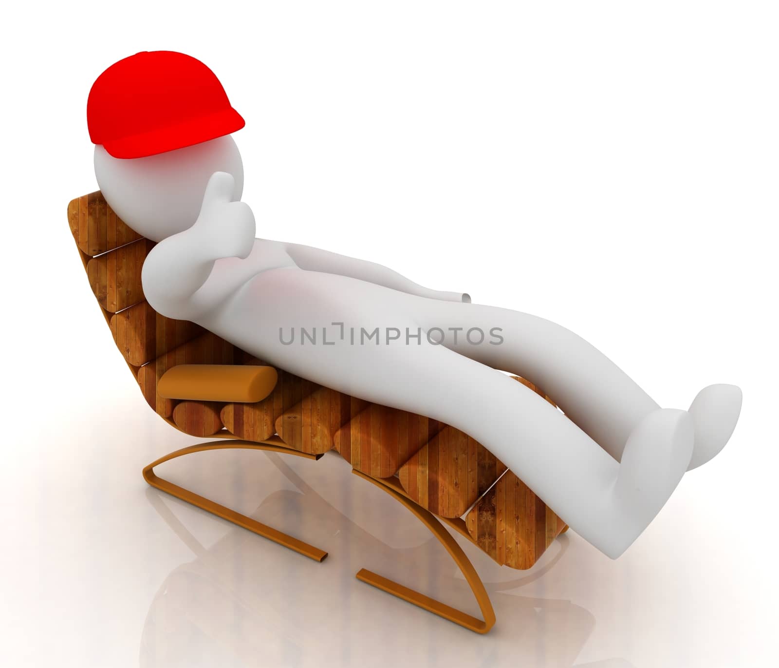 3d white man lying wooden chair with thumb up on white background 