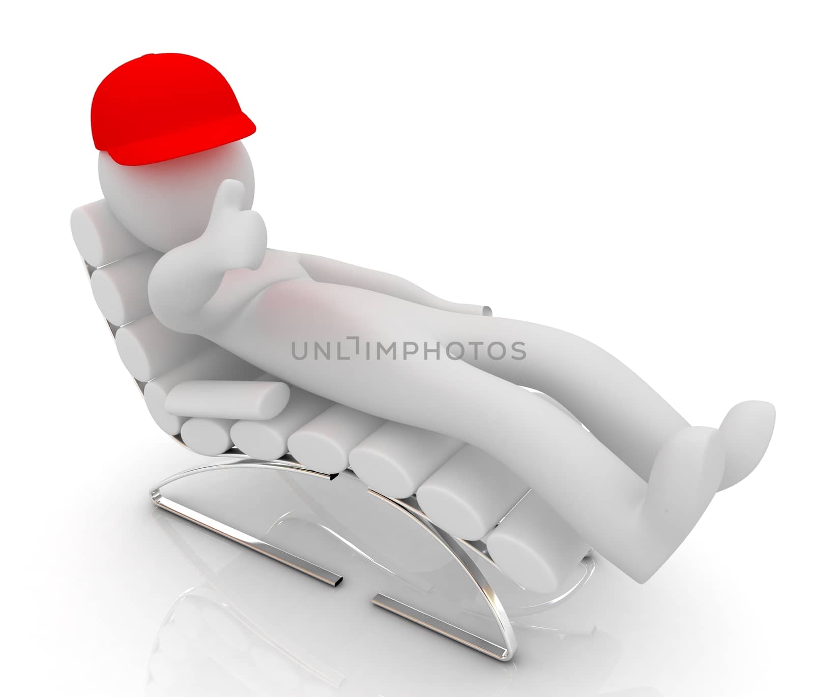 3d white man lying chair with thumb up on white background 