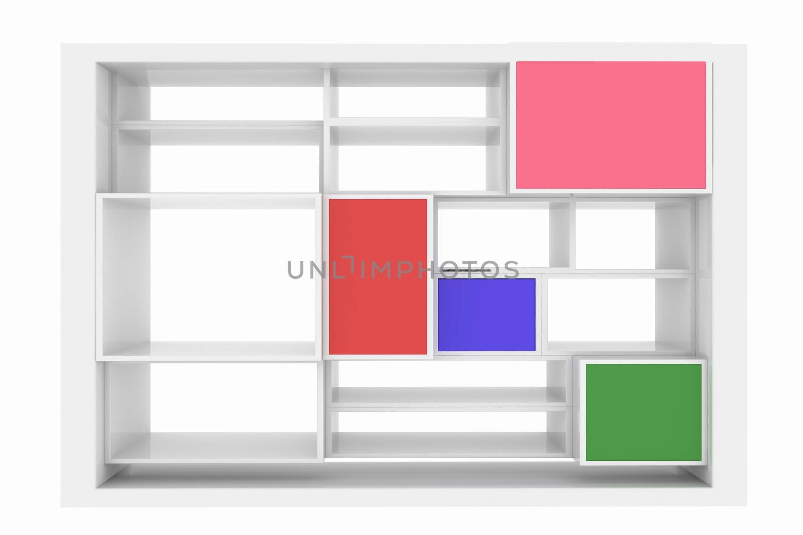 3d isolated Empty colorful bookshelf on a white background