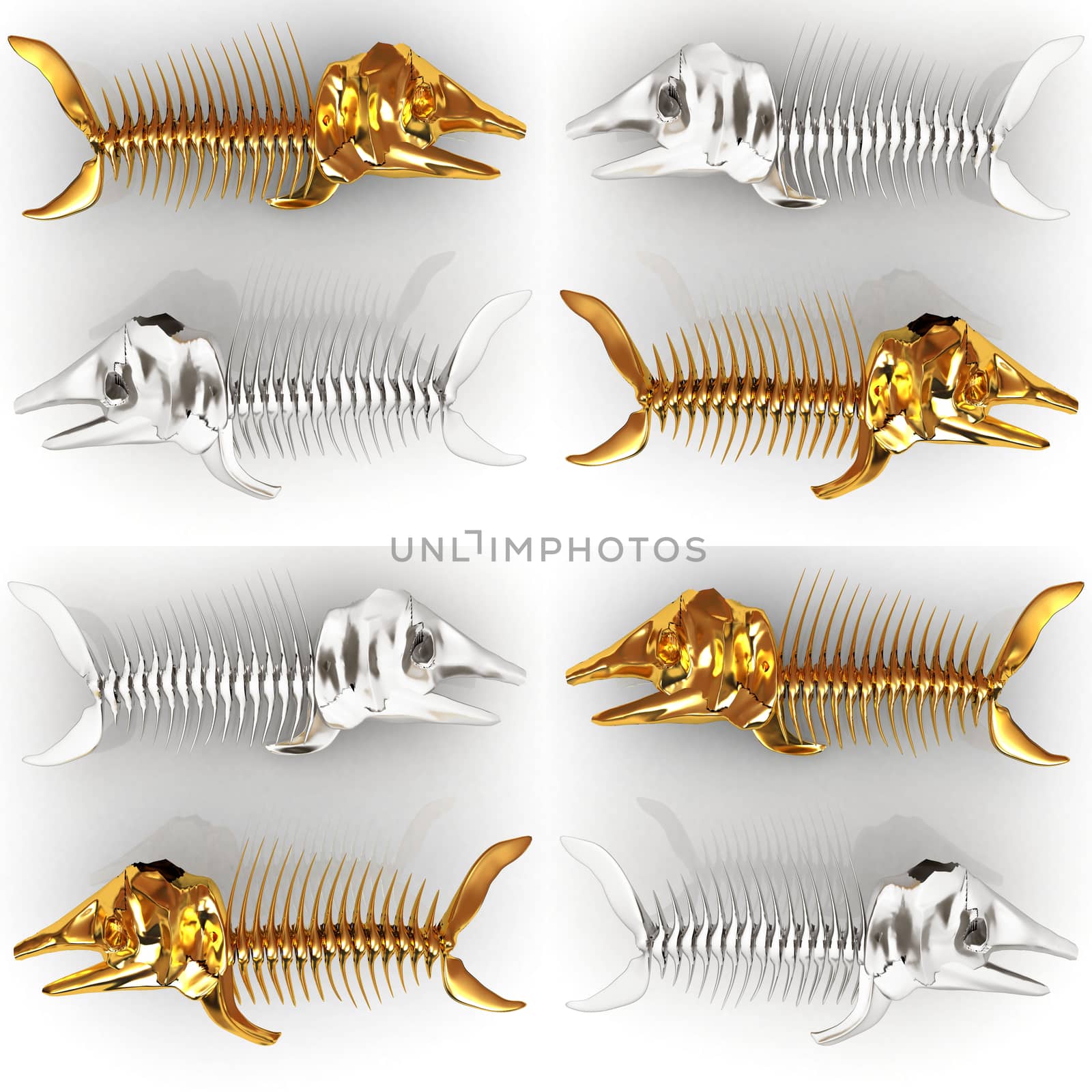 Set of 3d metall illustration of fish skeleton on a white background