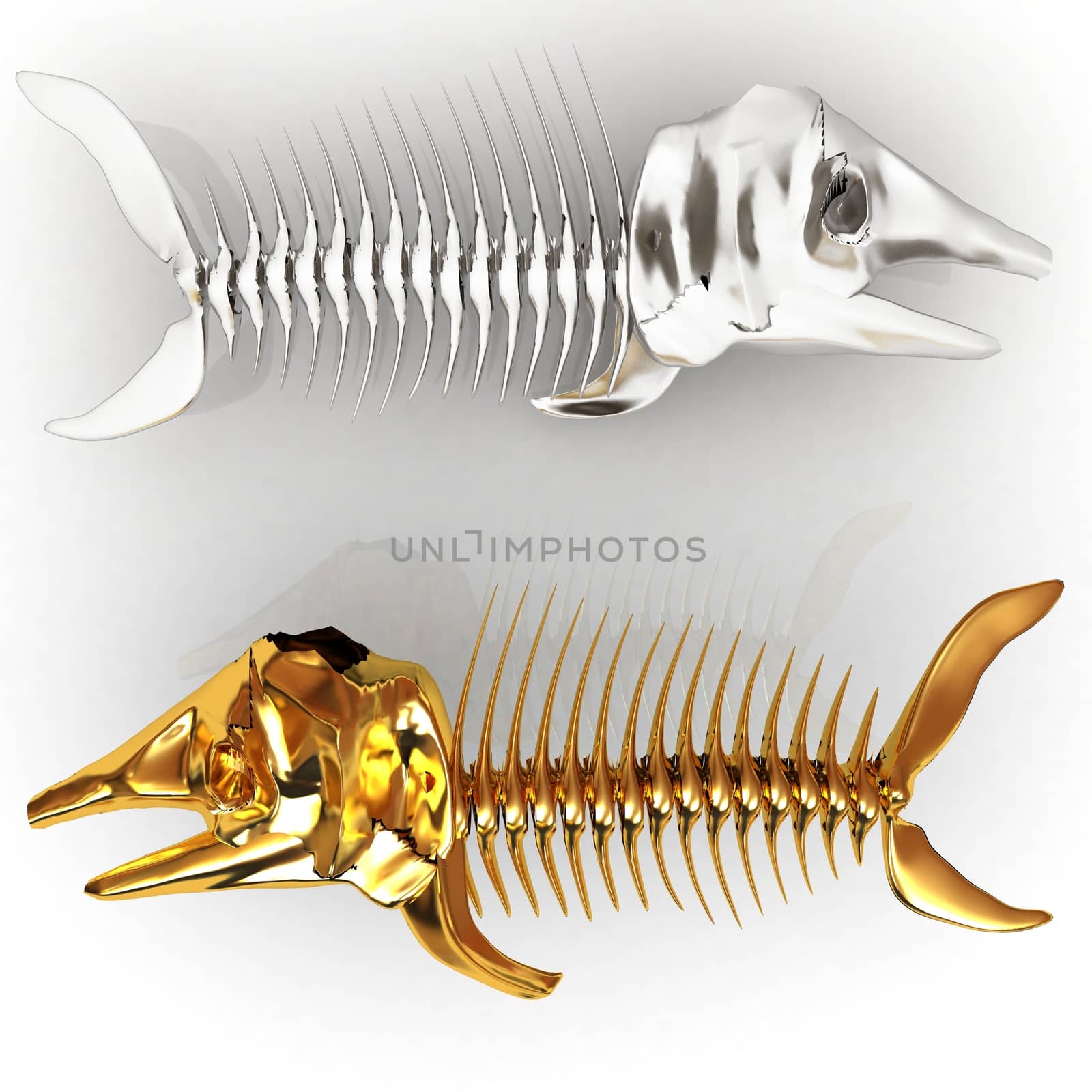 3d metall illustration of fish skeleton on a white background