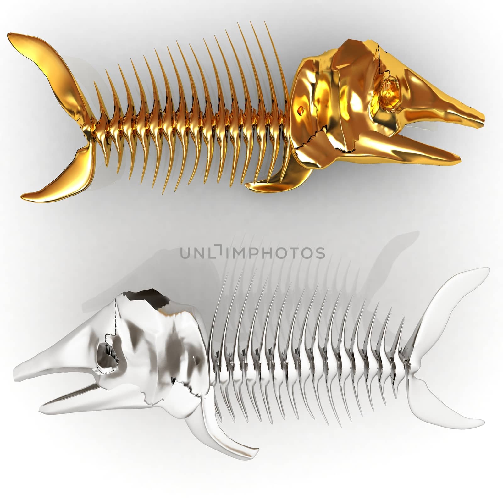 3d metall illustration of fish skeleton on a white background