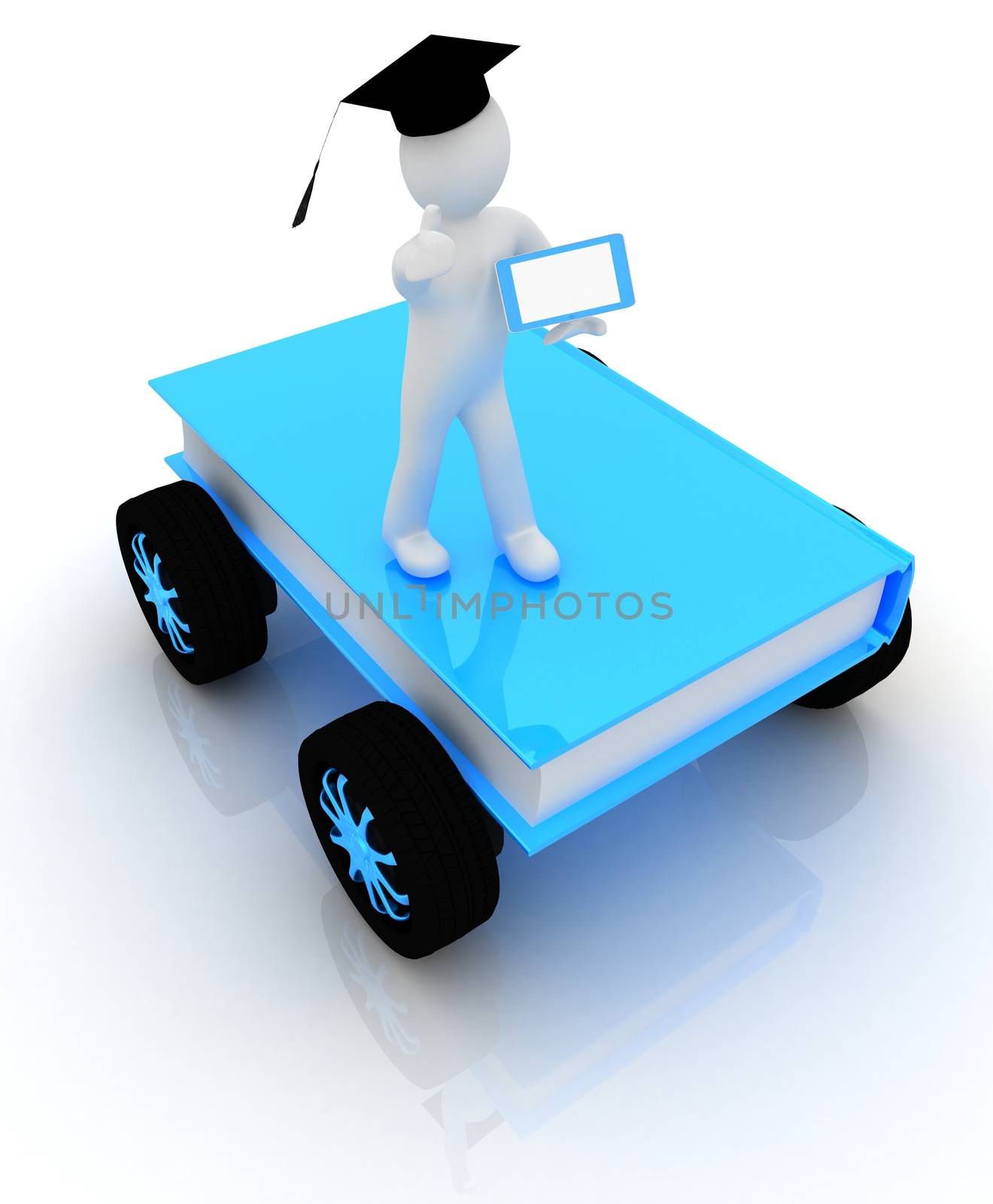 on race cars in the world of knowledge. The concept of rapid learning with tablet pc on a white background