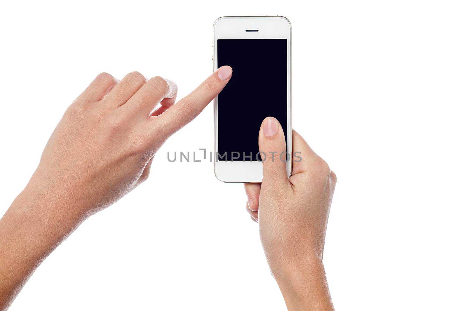 Woman operating touch screen phone