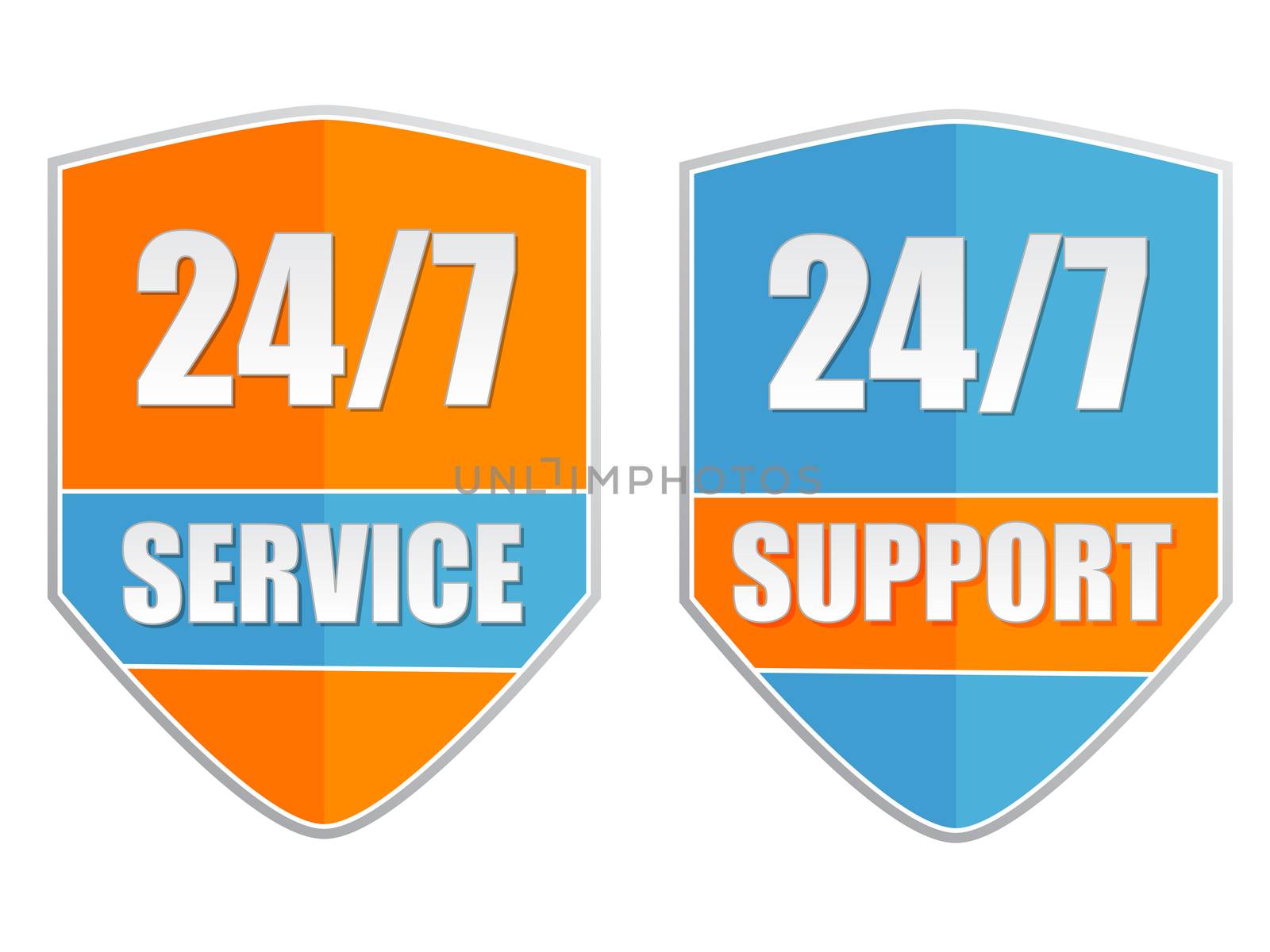 24/7 service and support, two labels by marinini