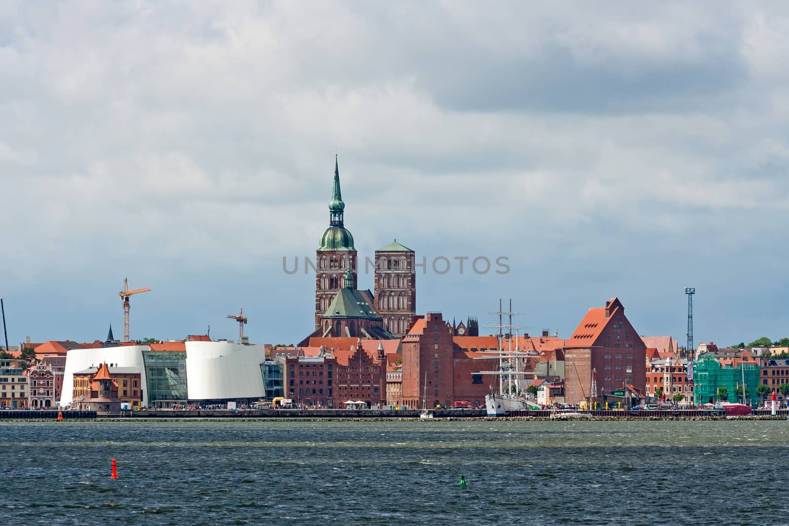 Stralsund panorama, St.-Nicolai-Church and the museum Ozeaneum, view from the Island Rugia, Strelasund