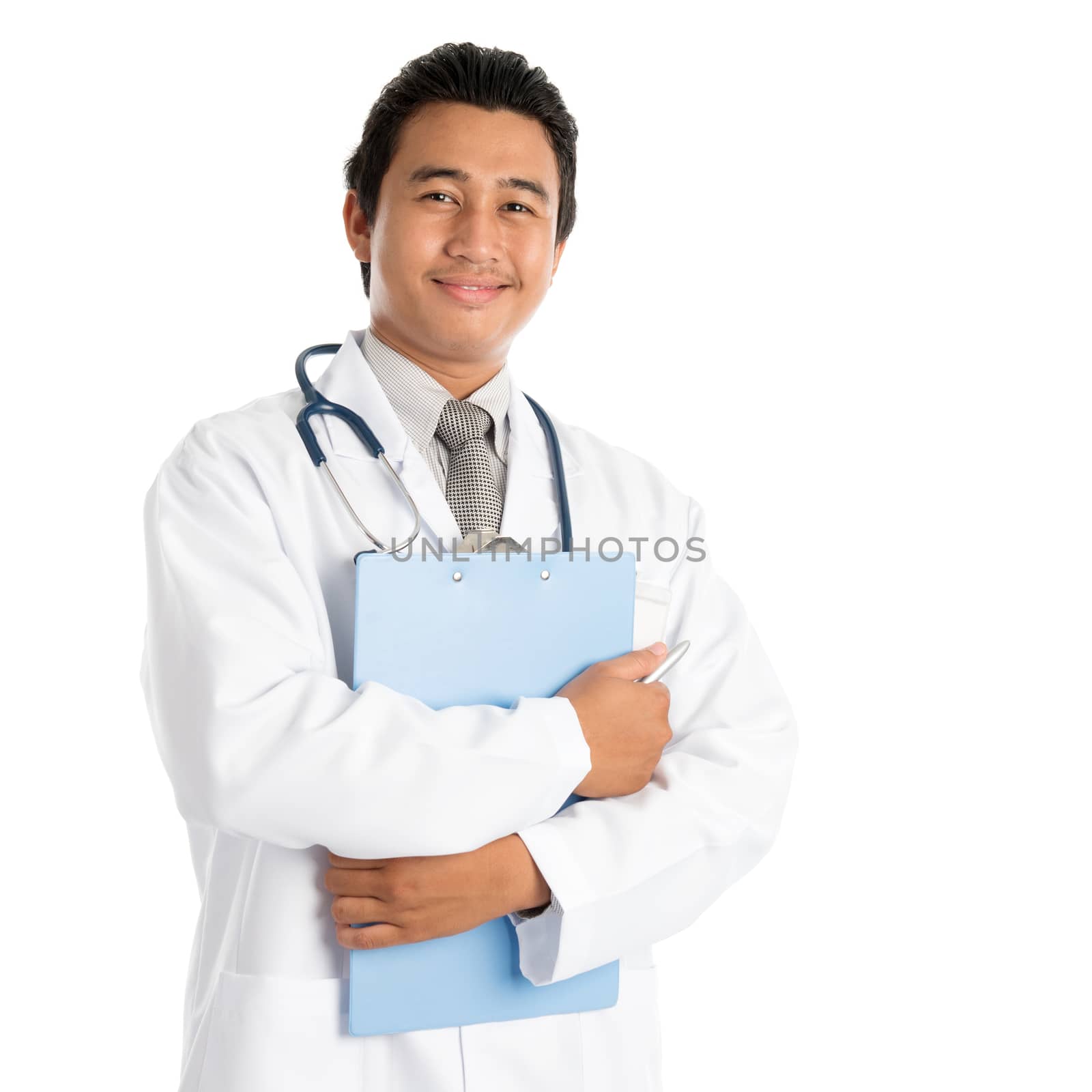 Portrait of southeast Asian male medical doctor holding file folder, standing isolated on white background. Young man model.