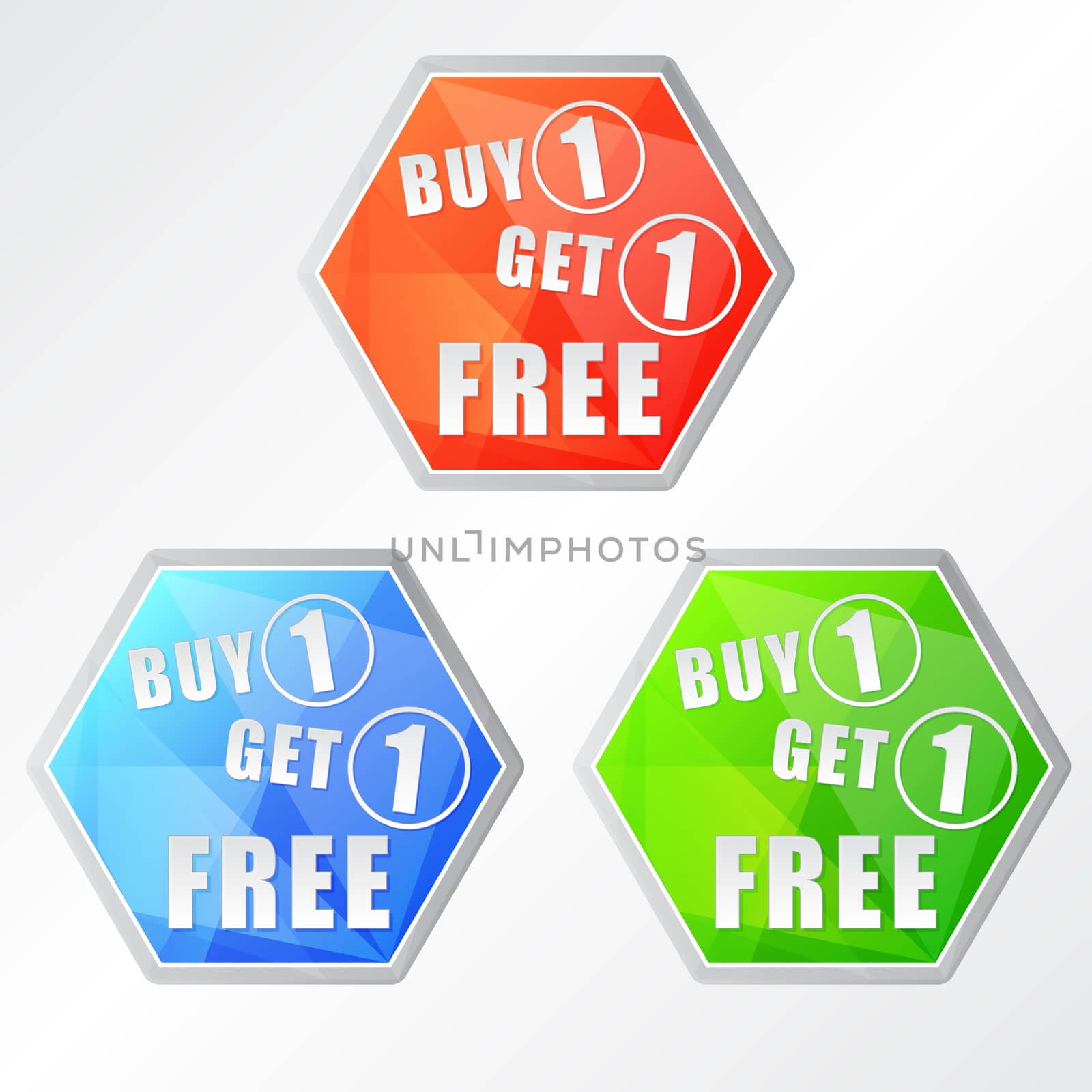 buy one get one free, three colors hexagons labels, flat design, business shopping concept