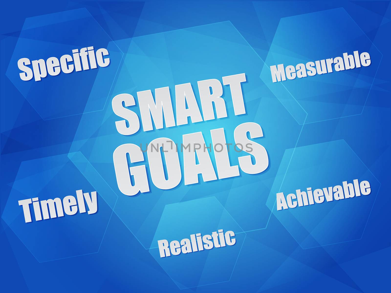 smart goals - specific, measurable, achievable, realistic, timely - concept words in hexagons over blue background, flat design