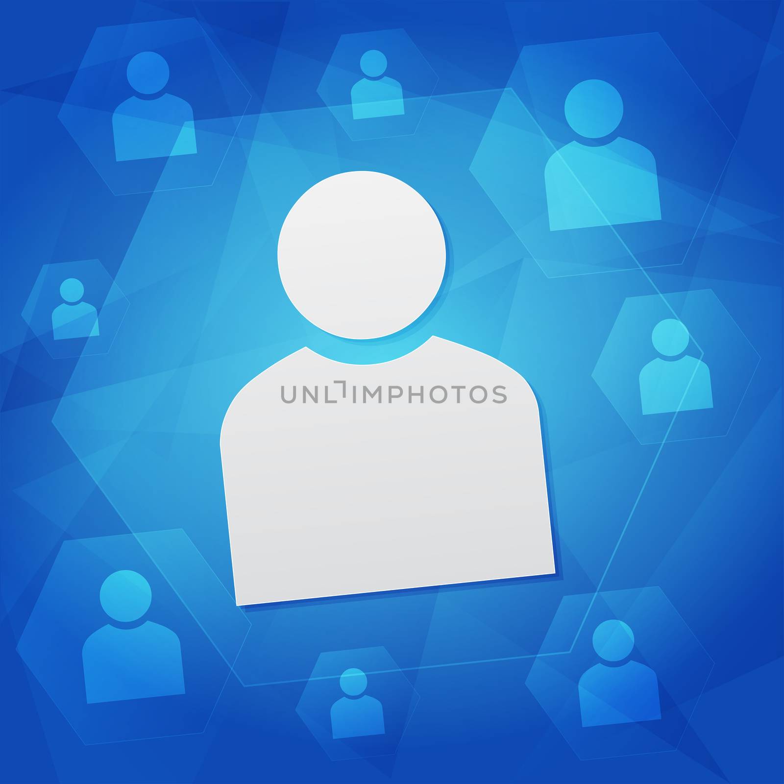 person signs - white symbols over blue background, flat design, social network and leadership concept