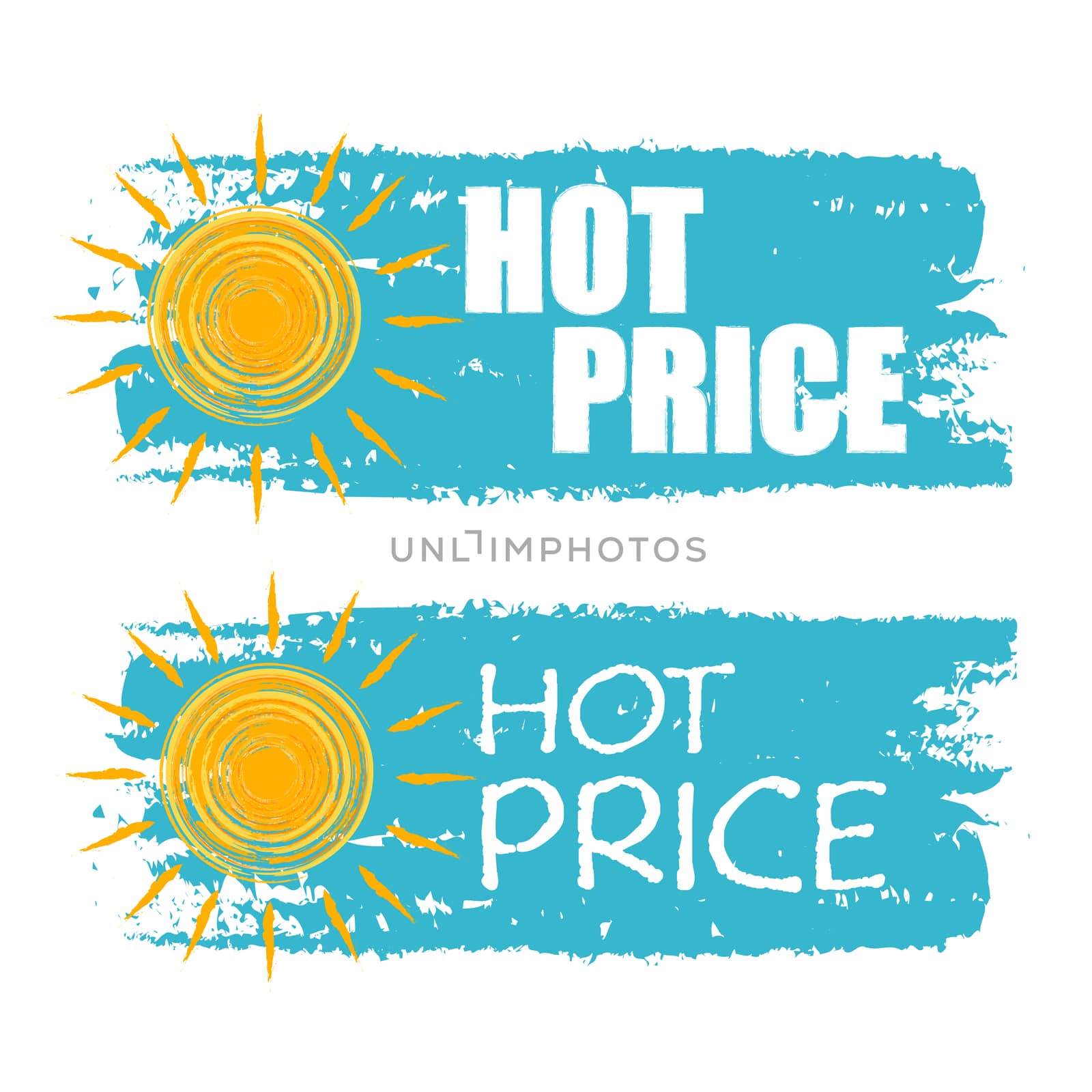 hot price banners - text in blue drawn labels with yellow sun symbol, business seasonal shopping concept