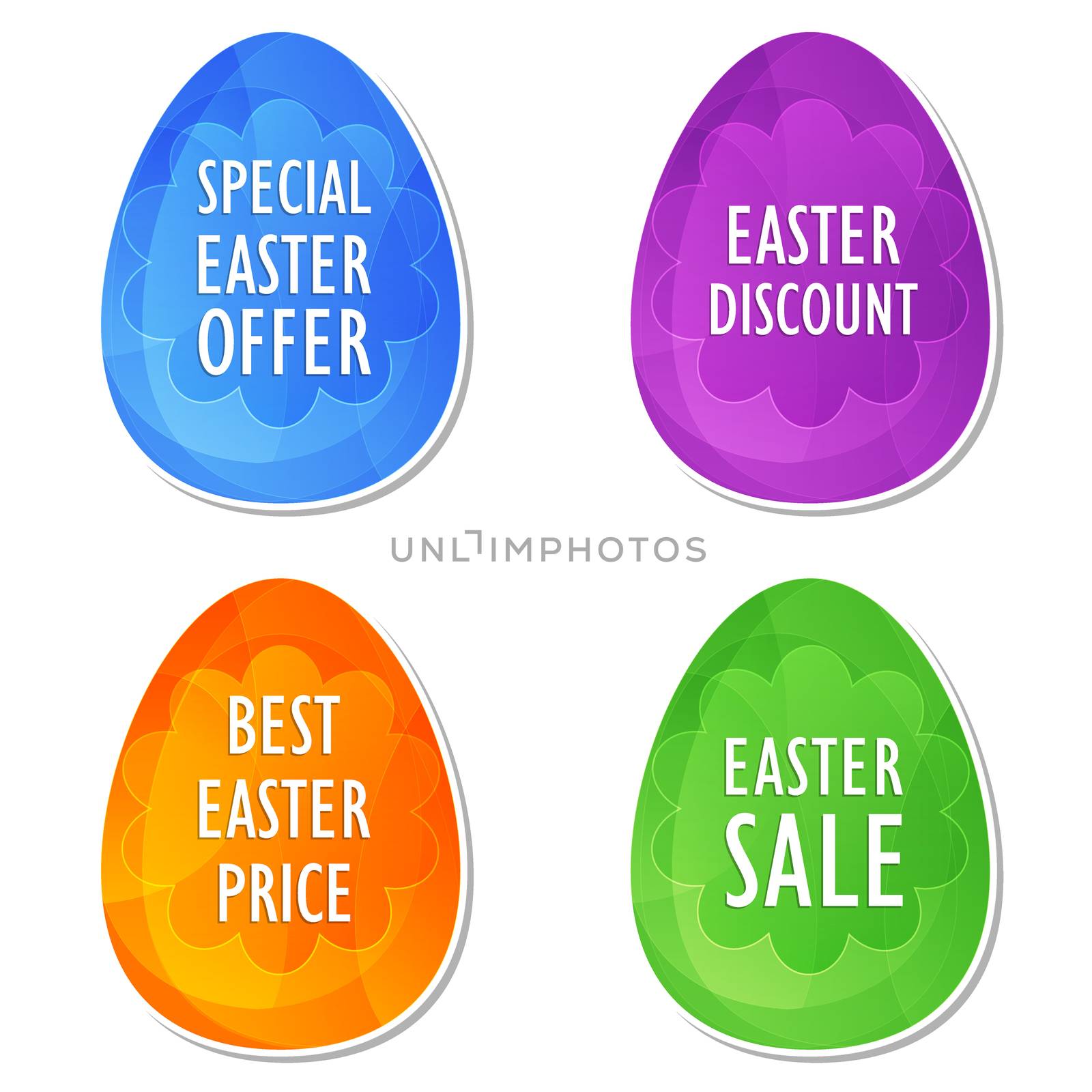 easter sale, offer, discount and price banners - four colors eggs labels with spring daisy flowers, business shopping holiday concept, flat design