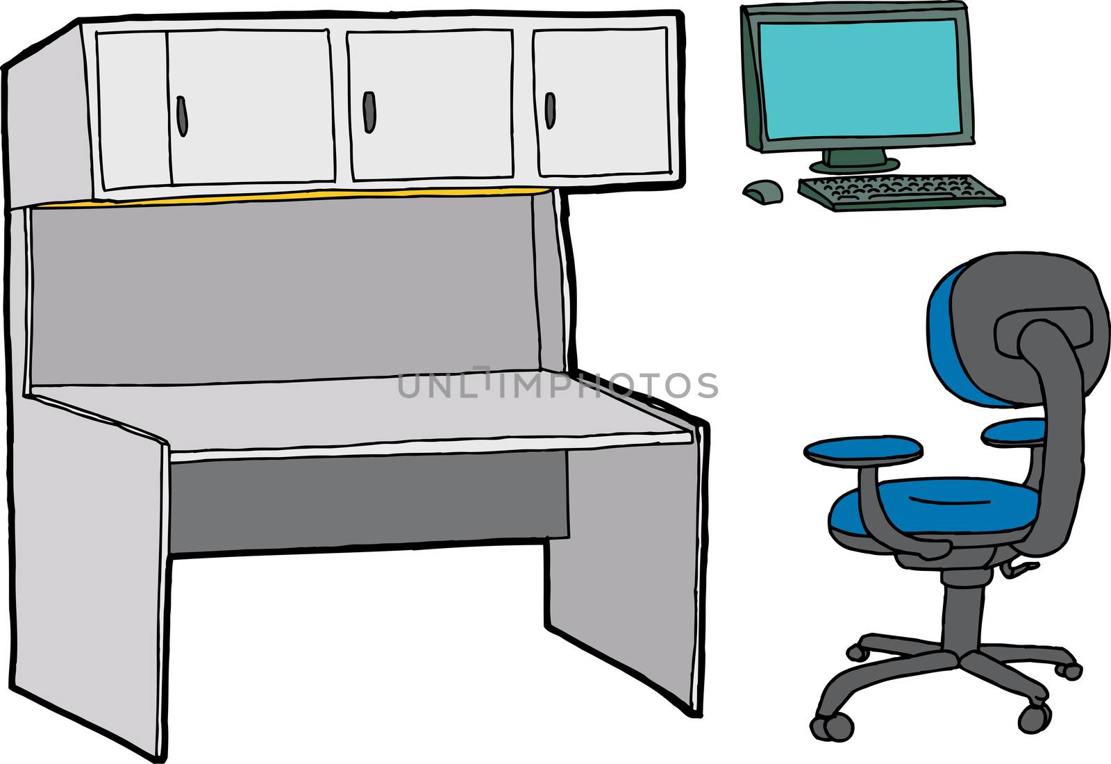 Set of desk, computer and chair for office scene