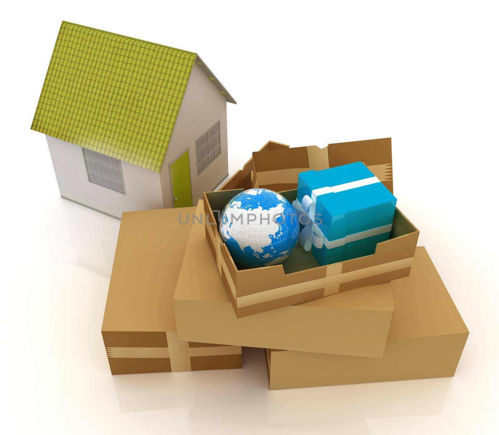 Cardboard boxes, gifts, earth and houses on a white background